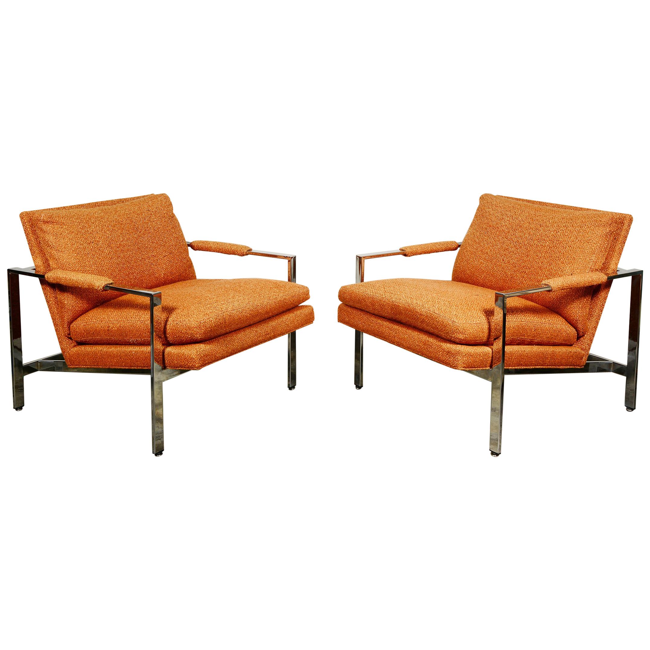 Pair of Milo Baughman Flat Chrome Bar Lounge Chairs