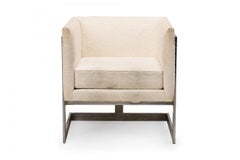 Pair of Milo Baughman Floating Cube Chrome and Beige Upholstery Armchairs