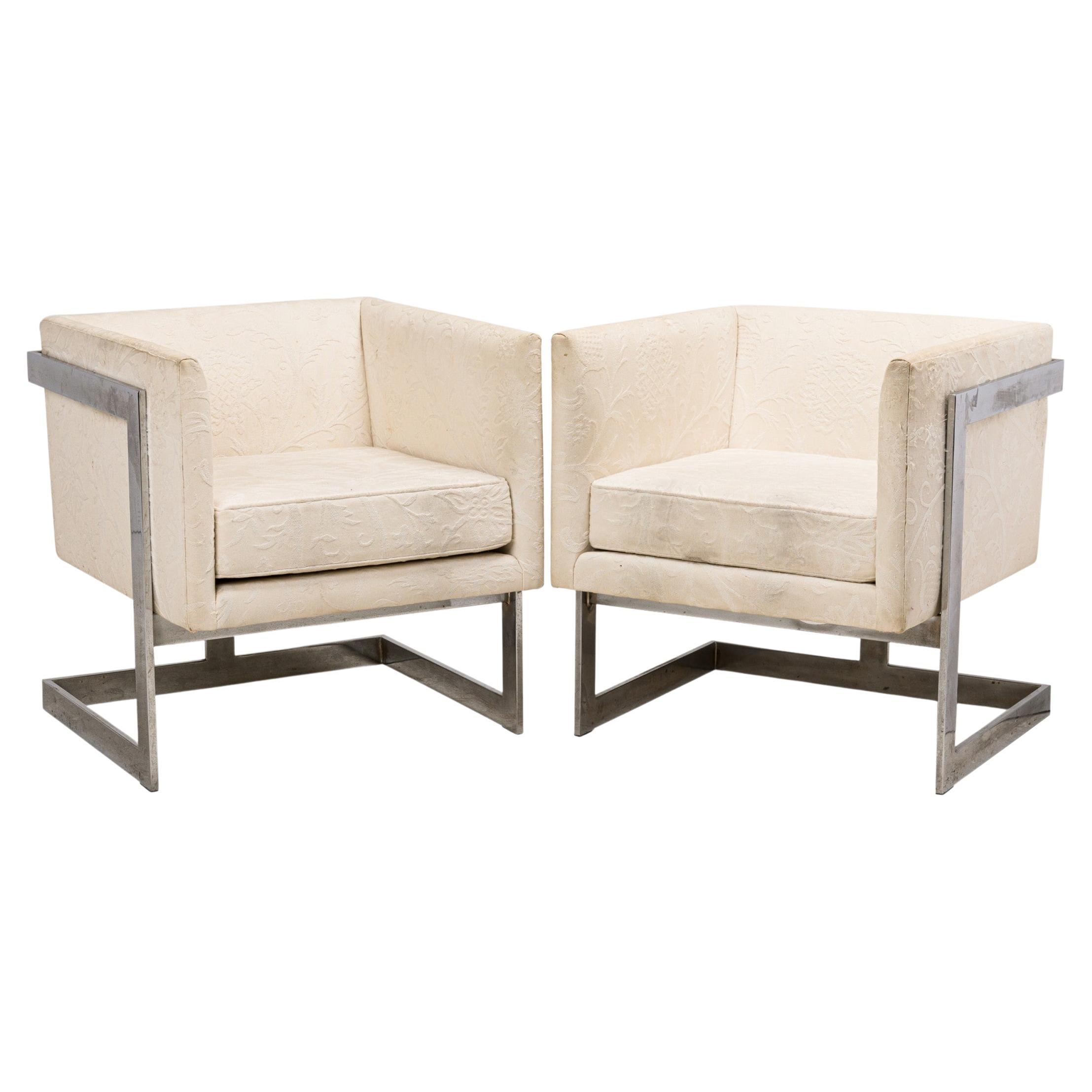 Pair of Milo Baughman Floating Cube Chrome and Beige Upholstery Armchairs