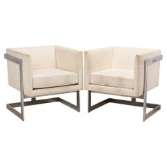 Pair of Milo Baughman Floating Cube Chrome and Beige Upholstery Armchairs