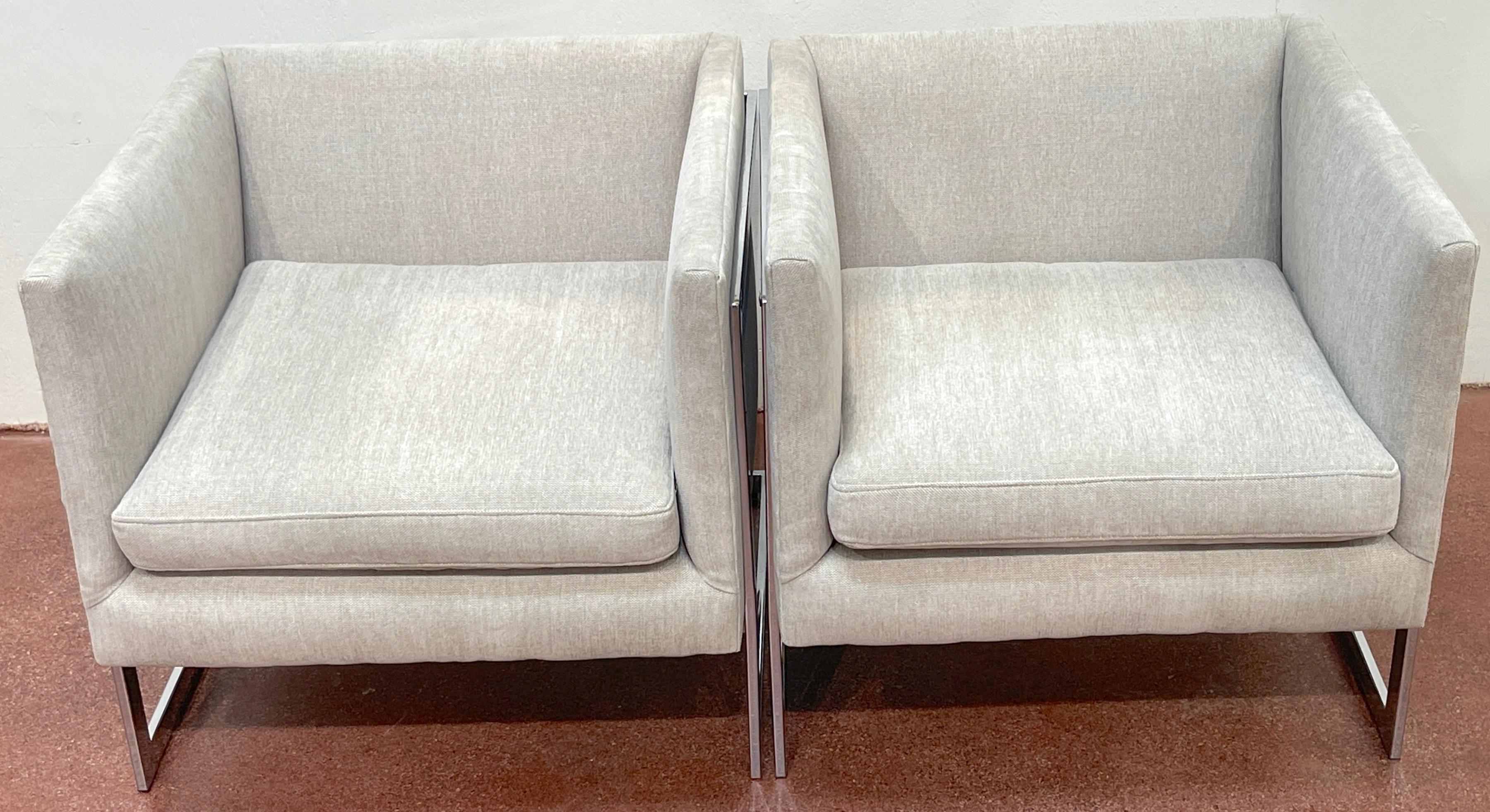 American Pair of Milo Baughman Floating Cube Club Chairs, with Kravet Upholstery  For Sale