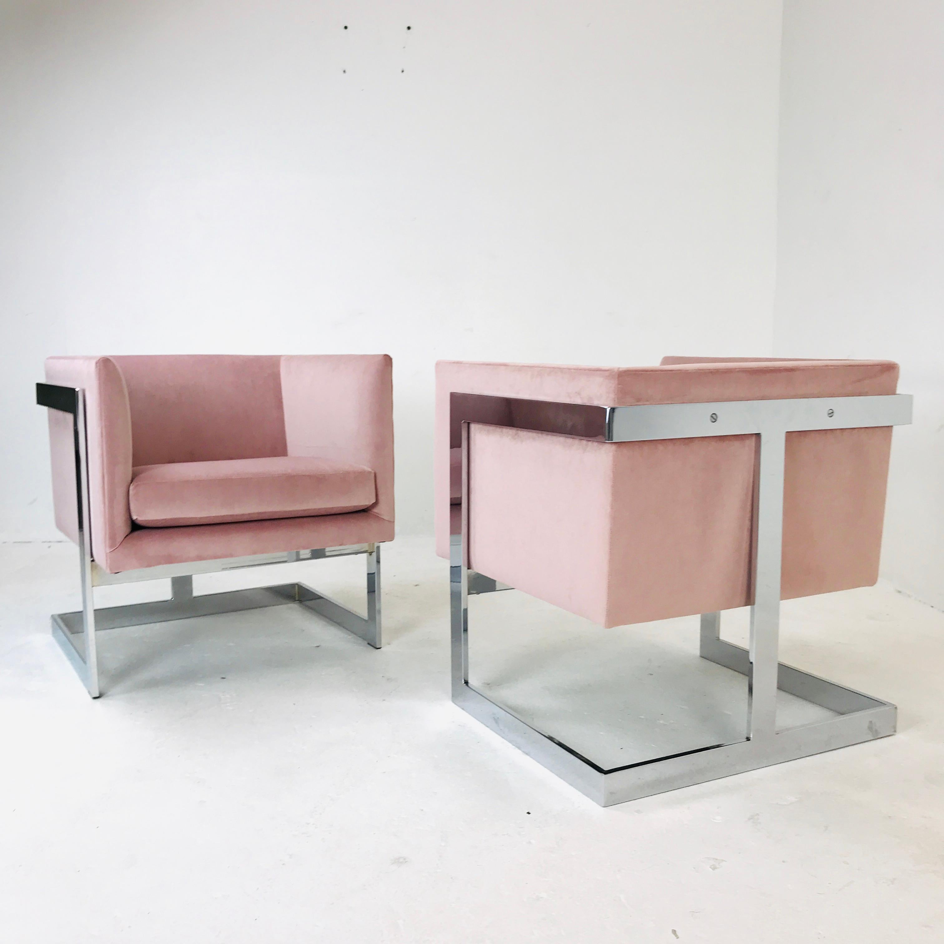 Pair of Milo Baughman T-Back lounge chairs. Chairs are in great vintage condition and have been newly upholstered in rosewater velvet. The chrome is in good condition with some mild wear from use and age.

Dimensions:
24.25 W x 24.25 D x 25