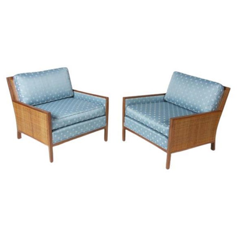 Rarely seen Milo Baughman for Arch Gordon, large scale club chairs, walnut frames with cane backs and side panels. Older Fabric, but newer foam. Fabric should be updated. Chairs shown sold, one shown redone at refinisher / upholster. Inquire on COM,