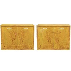 Pair of Milo Baughman for Directional Burled Olive Wall-Mount Cabinets