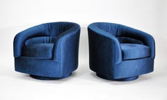 Pair of Milo Baughman for Thayer Coggin Blue Velvet Swivel Lounge Chairs