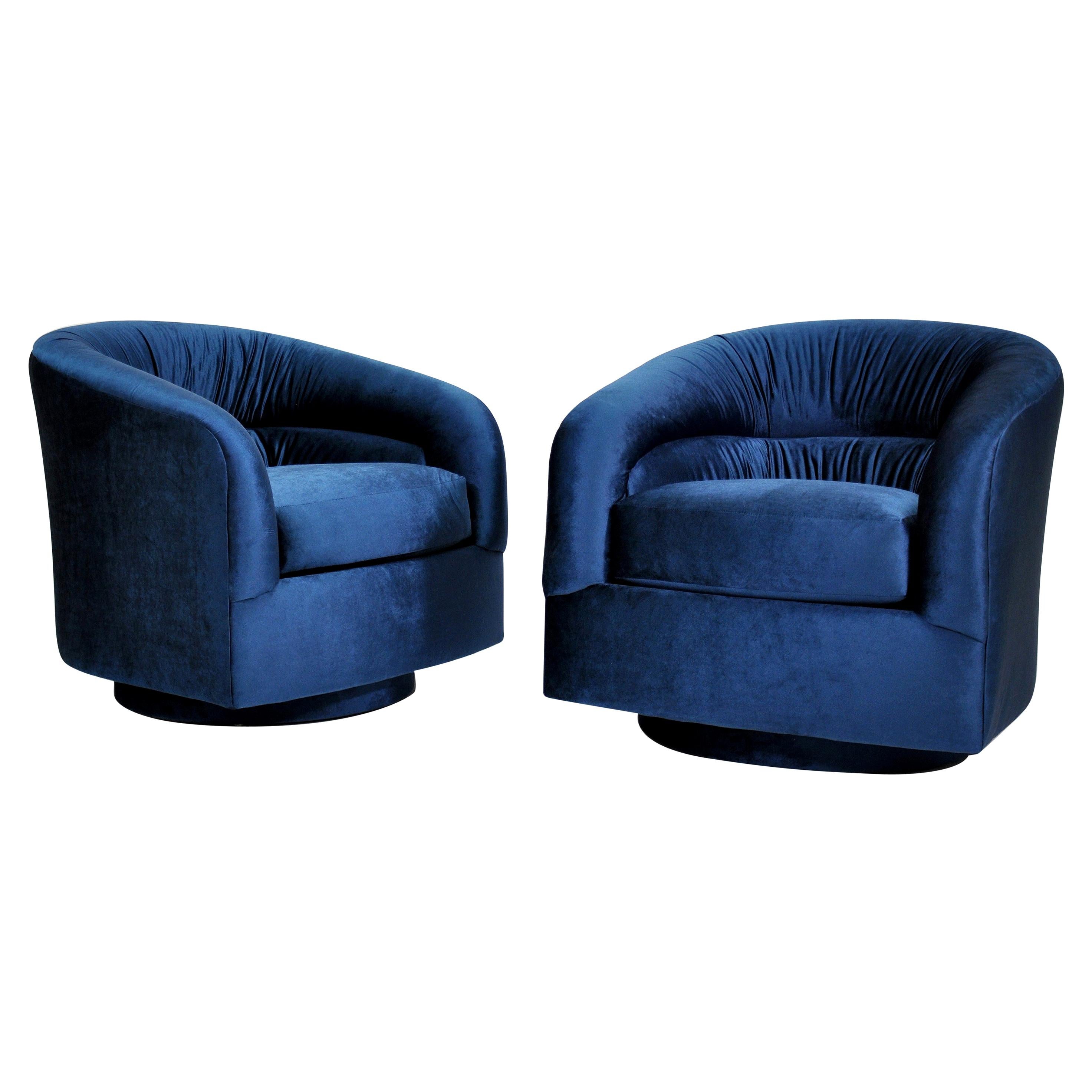 Pair of Milo Baughman for Thayer Coggin Blue Velvet Swivel Lounge Chairs