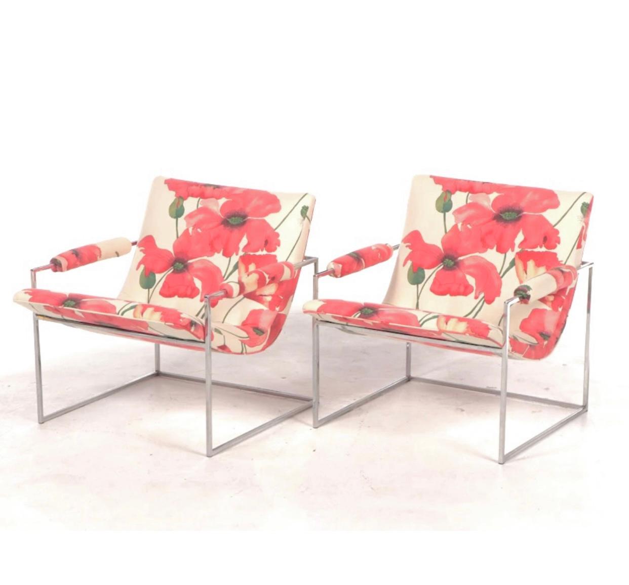 Paire de chaises à cuillères Milo Baughman pour Thayer Coggin à imprimé floral audacieux et chromé en vente 4