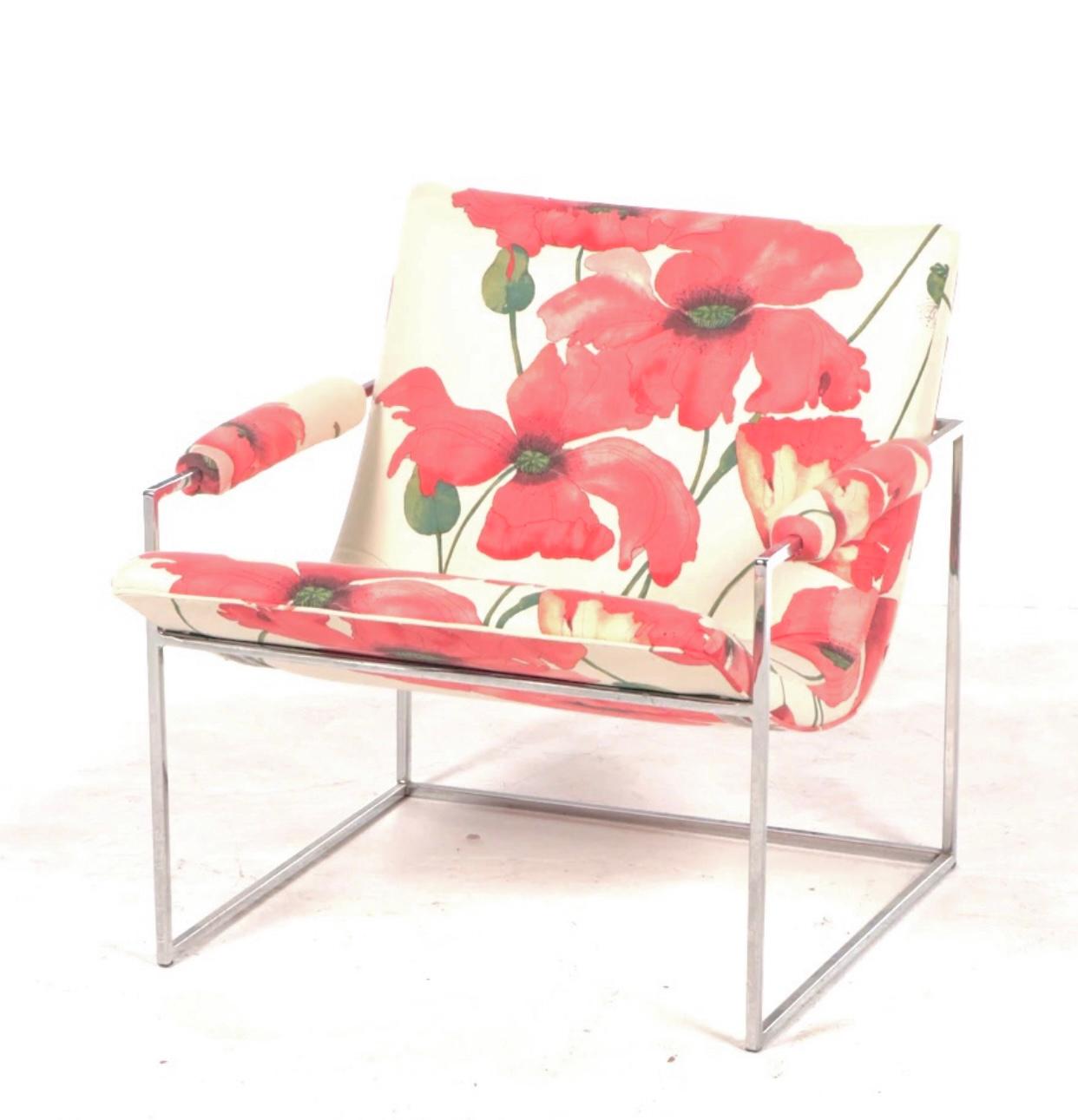 Mid-Century Modern Paire de chaises à cuillères Milo Baughman pour Thayer Coggin à imprimé floral audacieux et chromé en vente