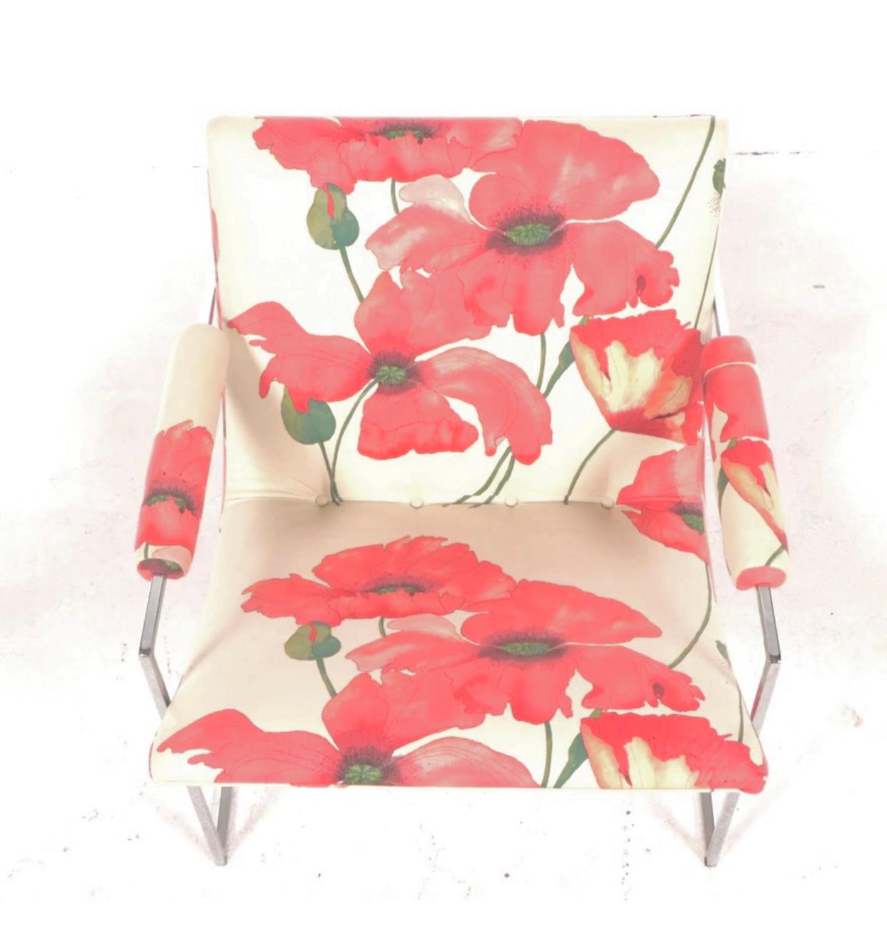 Paire de chaises à cuillères Milo Baughman pour Thayer Coggin à imprimé floral audacieux et chromé Bon état - En vente à Chicago, IL