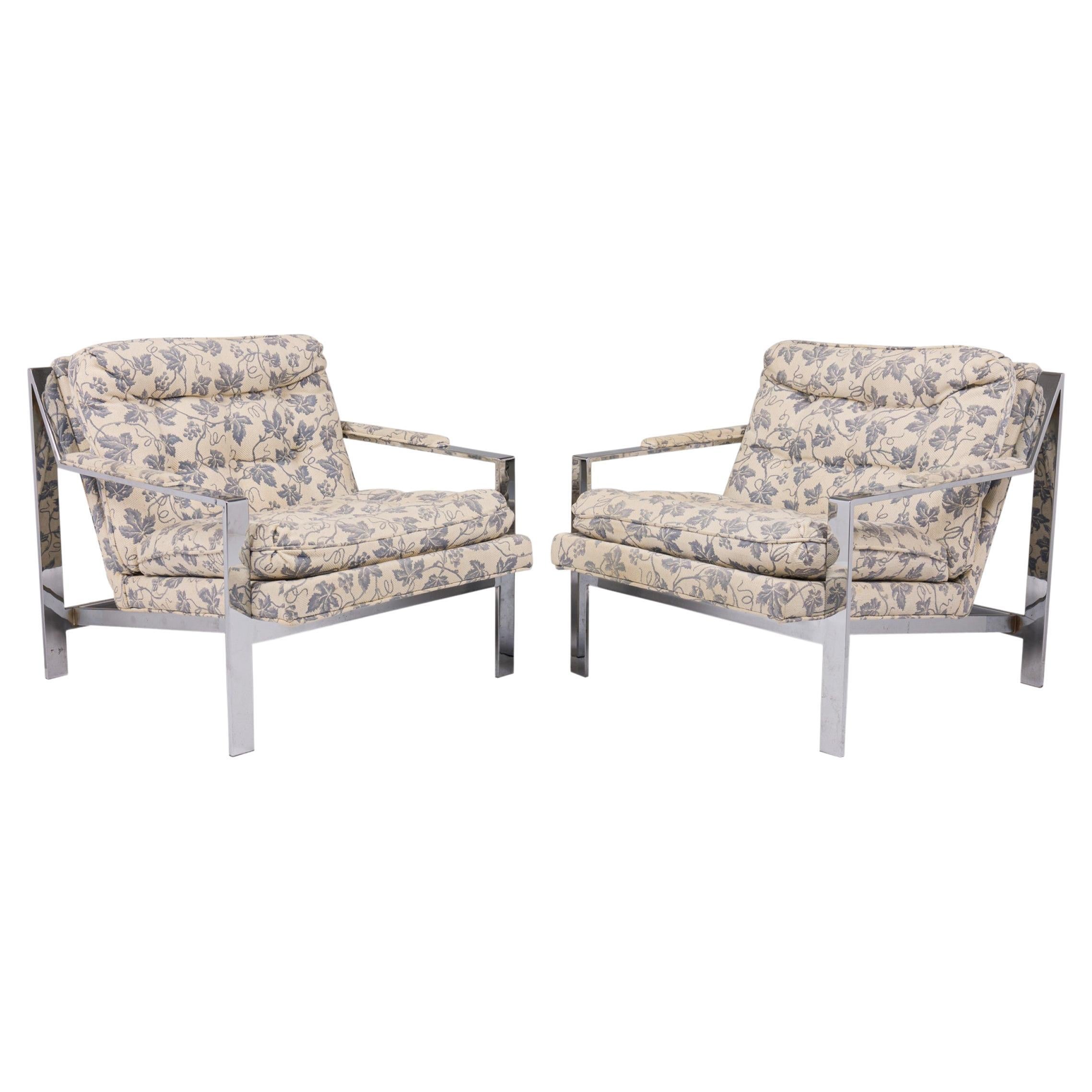 Pair of Milo Baughman for Thayer Coggin Chrome and Floral Armchairs 