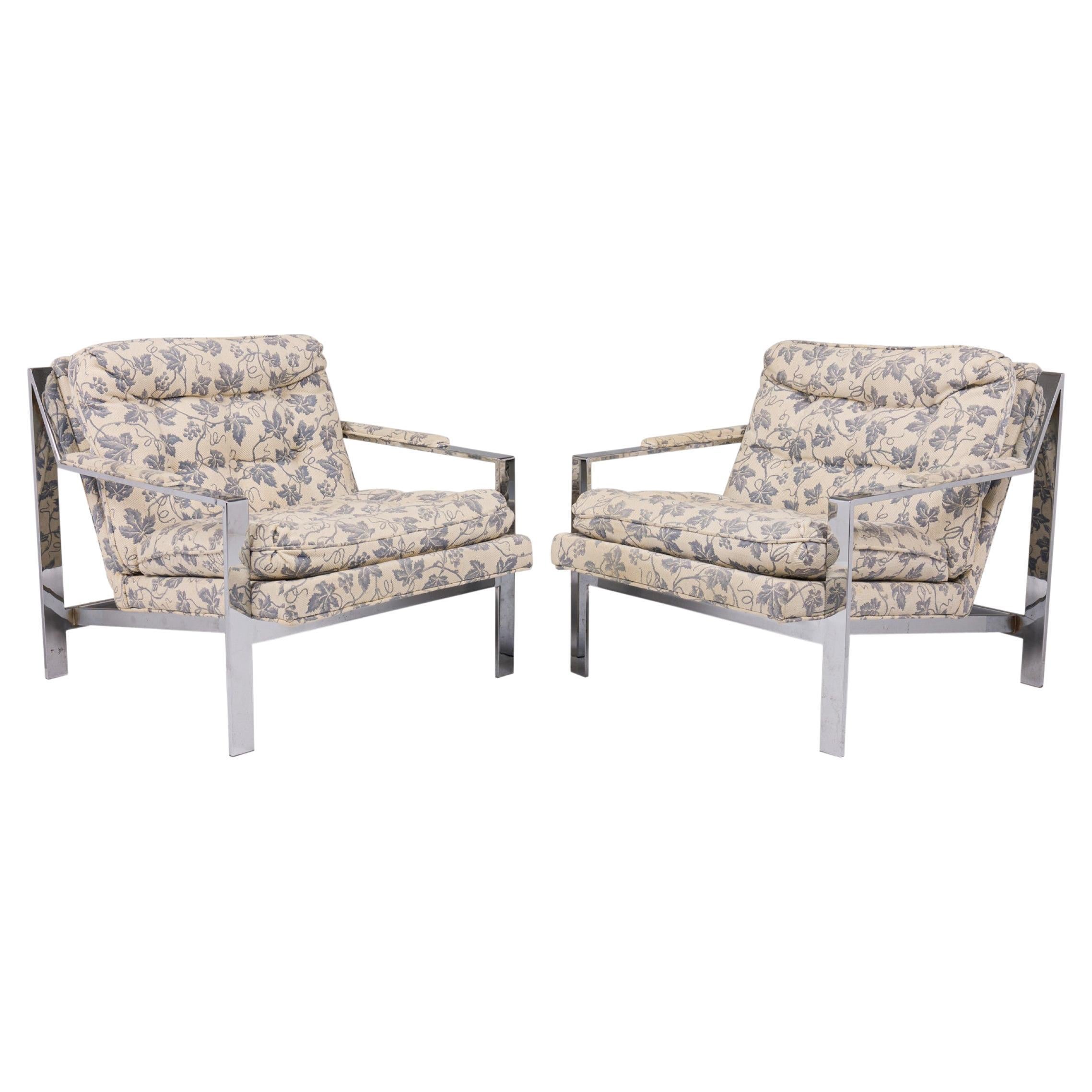 Paire de fauteuils chromés et à fleurs Milo Baughman pour Thayer Coggin