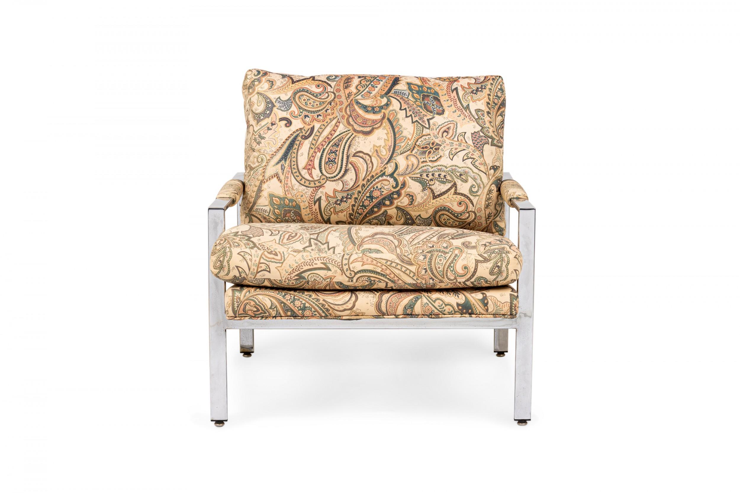 PAIR of American Mid-Century lounge armchairs with polished chrome flat bar frames, upholstered in a beige and neutral tone paisley patterned fabric. (Milo Baughman for Thayer Coggin)(Priced as Pair).