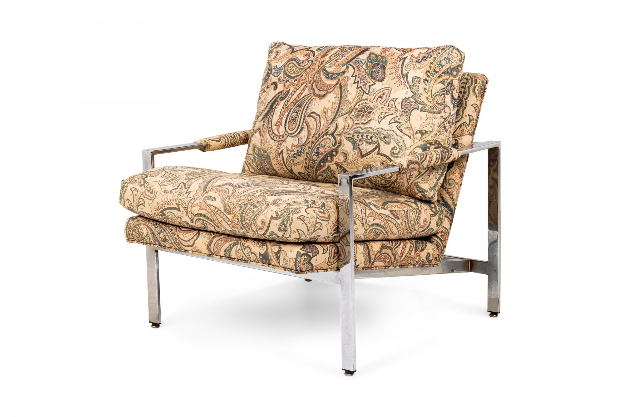 Mid-Century Modern Pair of Milo Baughman for Thayer Coggin Chrome and Paisley Fabric Flat Bar Loung For Sale