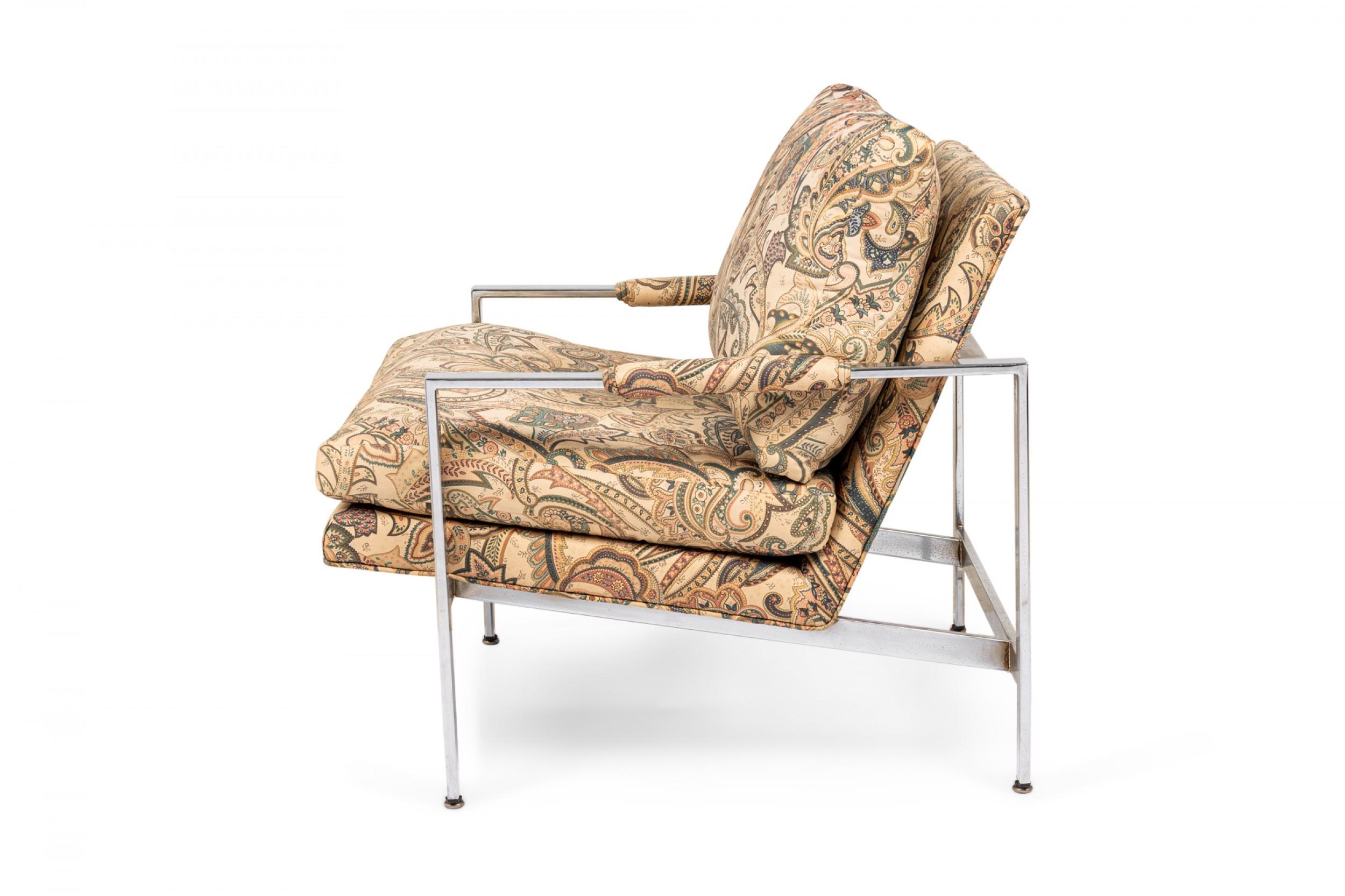 American Pair of Milo Baughman for Thayer Coggin Chrome and Paisley Fabric Flat Bar Loung For Sale
