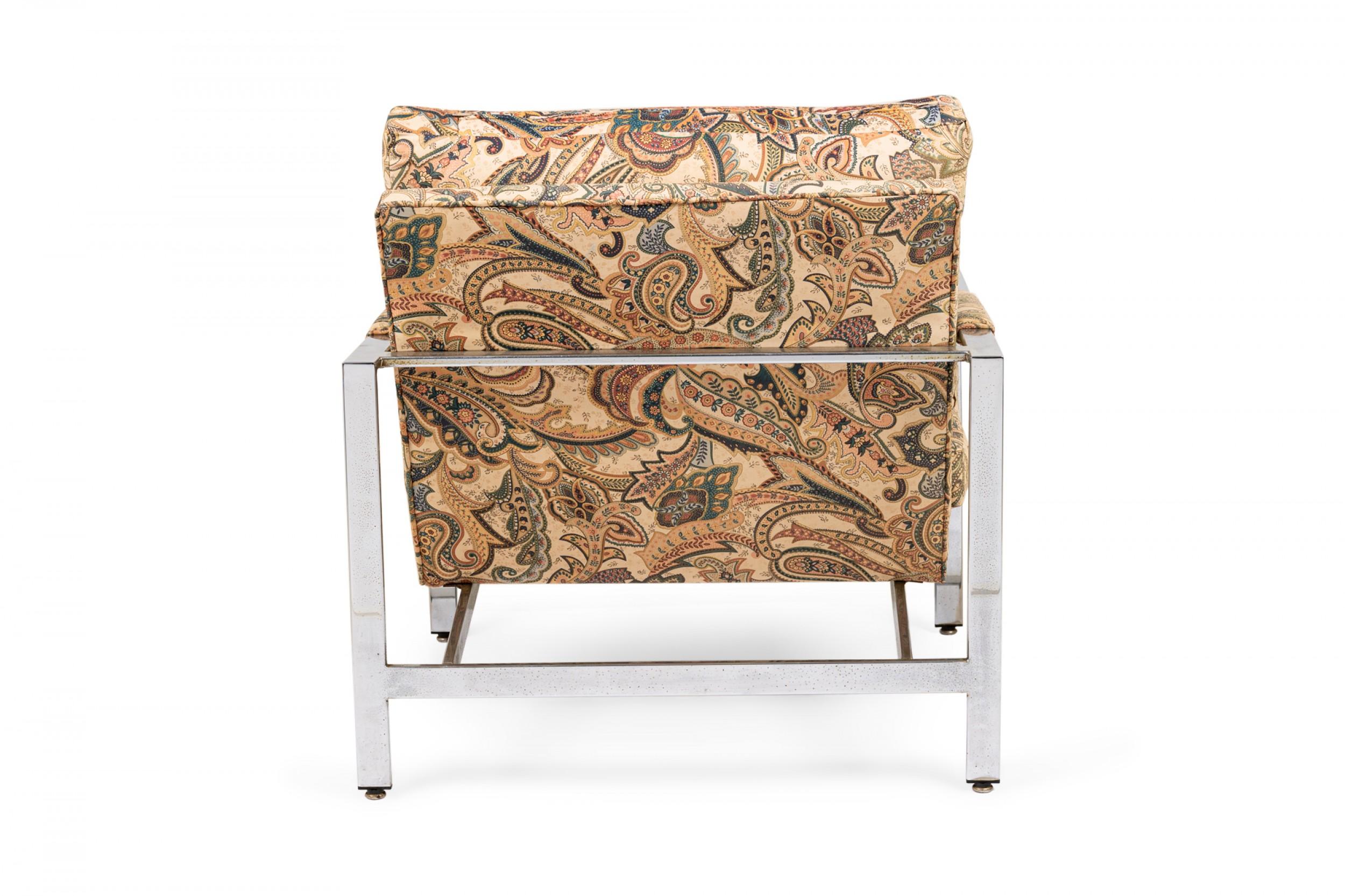 20th Century Pair of Milo Baughman for Thayer Coggin Chrome and Paisley Fabric Flat Bar Loung For Sale