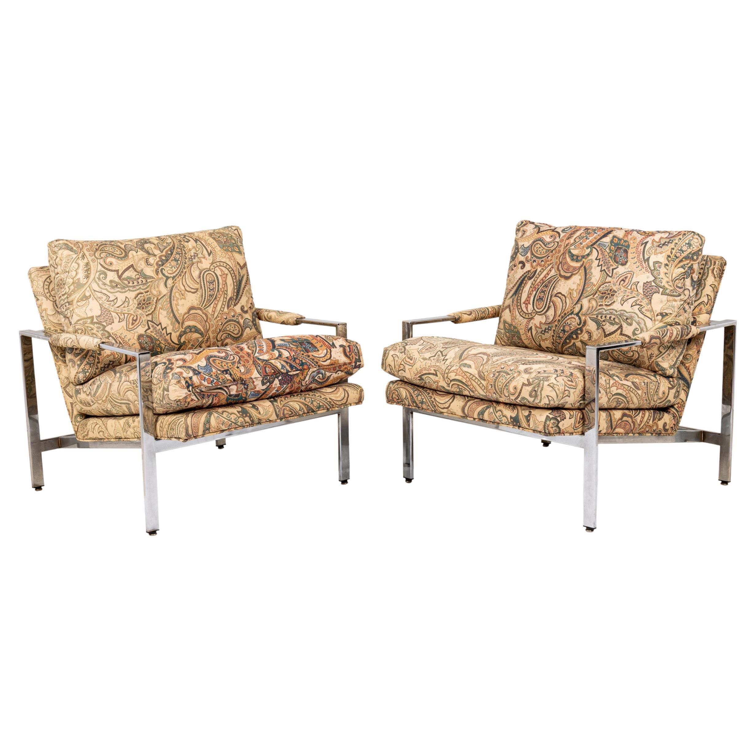 Pair of Milo Baughman for Thayer Coggin Chrome and Paisley Fabric Flat Bar Loung For Sale