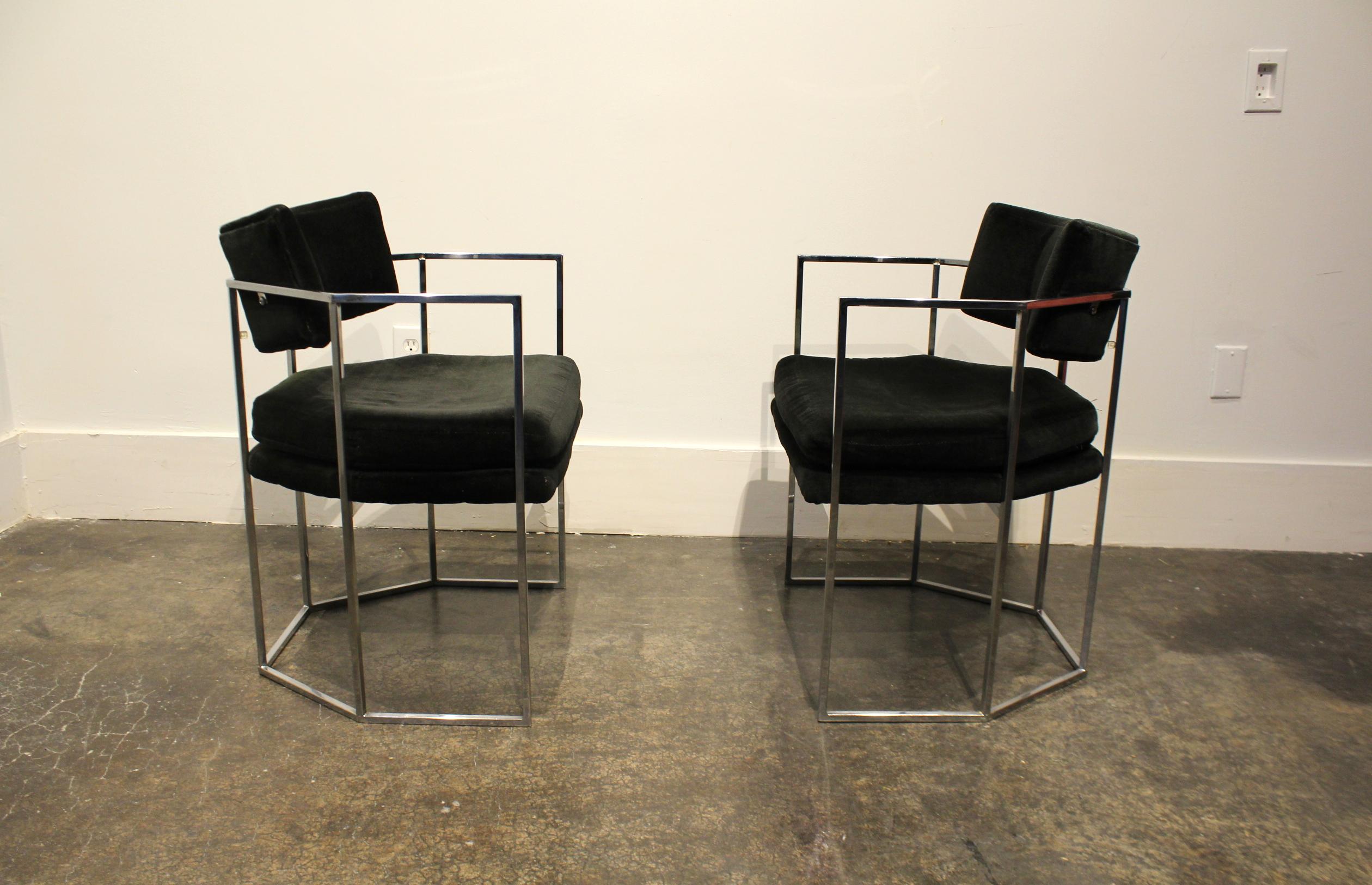 Rare pair of octagonal, barrel-back chrome armchairs designed by Milo Baughman for Thayer Coggin, circa 1970s.