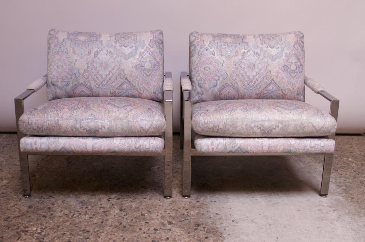 Mid-Century Modern Pair of Milo Baughman for Thayer Coggin Chrome Flat Bar Lounge Chairs