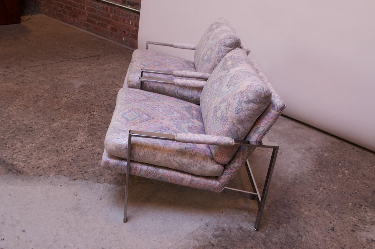 Late 20th Century Pair of Milo Baughman for Thayer Coggin Chrome Flat Bar Lounge Chairs