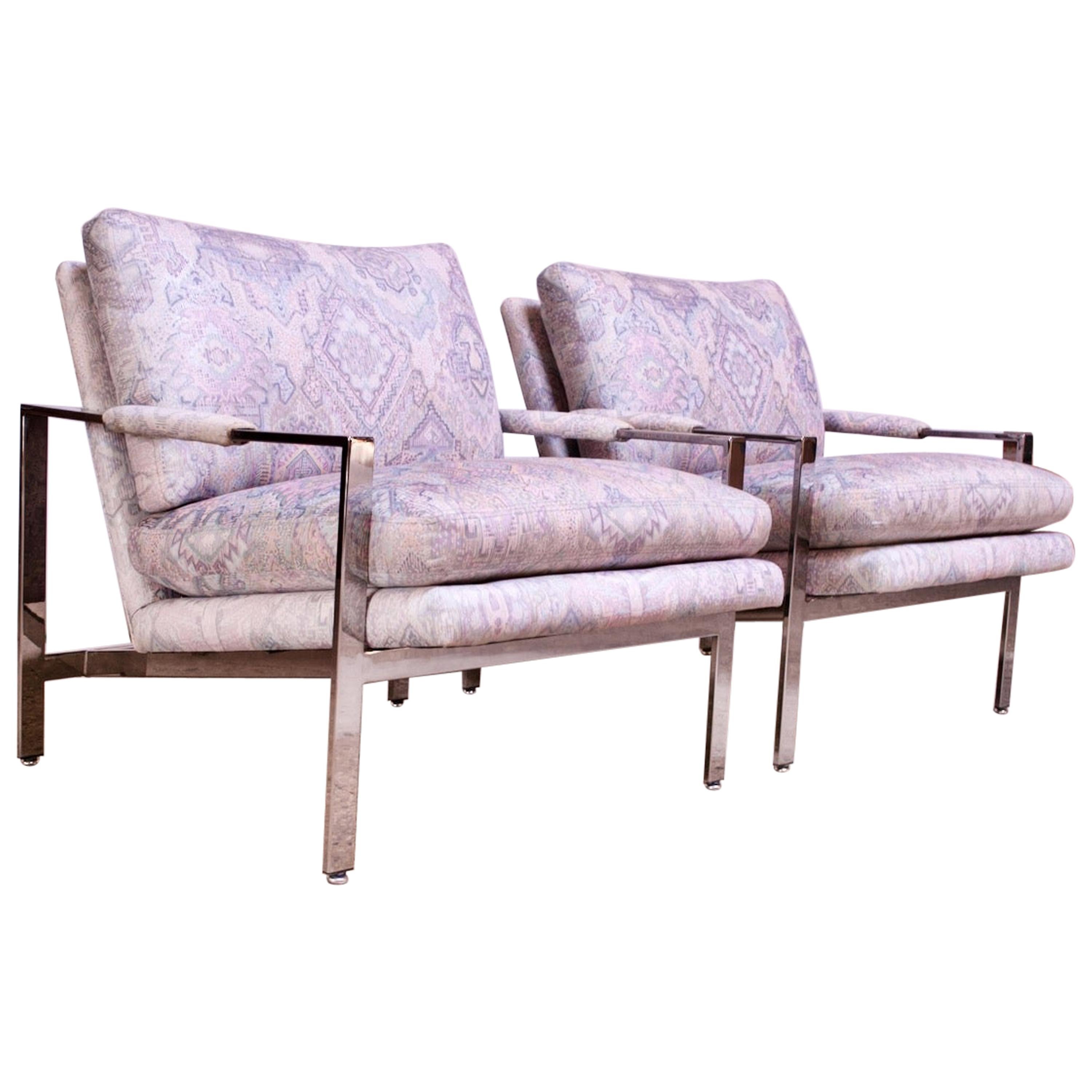 Milo Baughman Pair of Leather and Chrome Flat Bar Lounge Chairs at 1stDibs