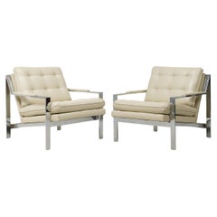 Pair of Milo Baughman for Thayer Coggin Chrome & Leather Upholstered Armchairs