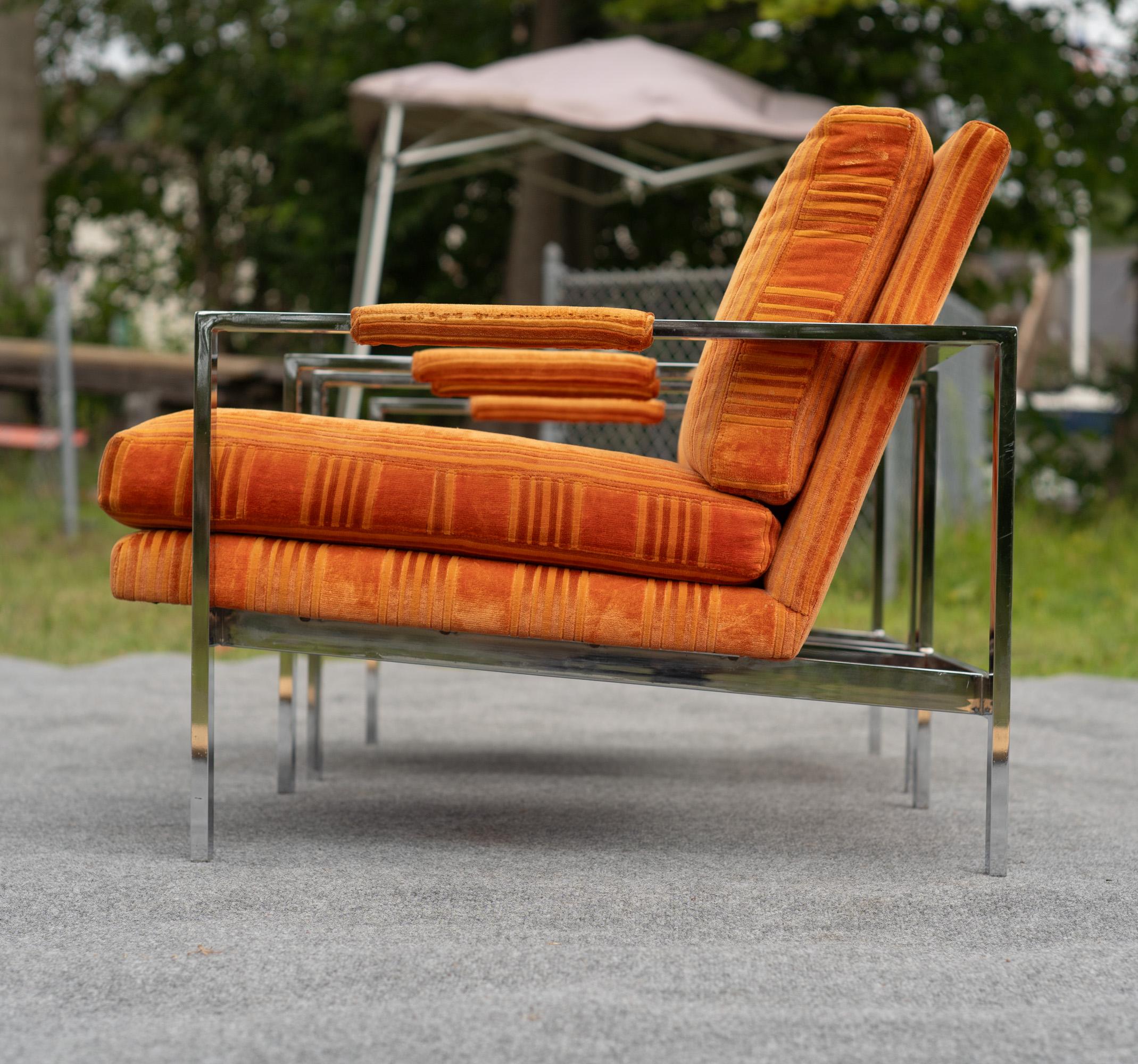 Pair of Milo Baughman for Thayer Coggin Chrome Steel Flat Bar Lounge Club Chairs For Sale 4
