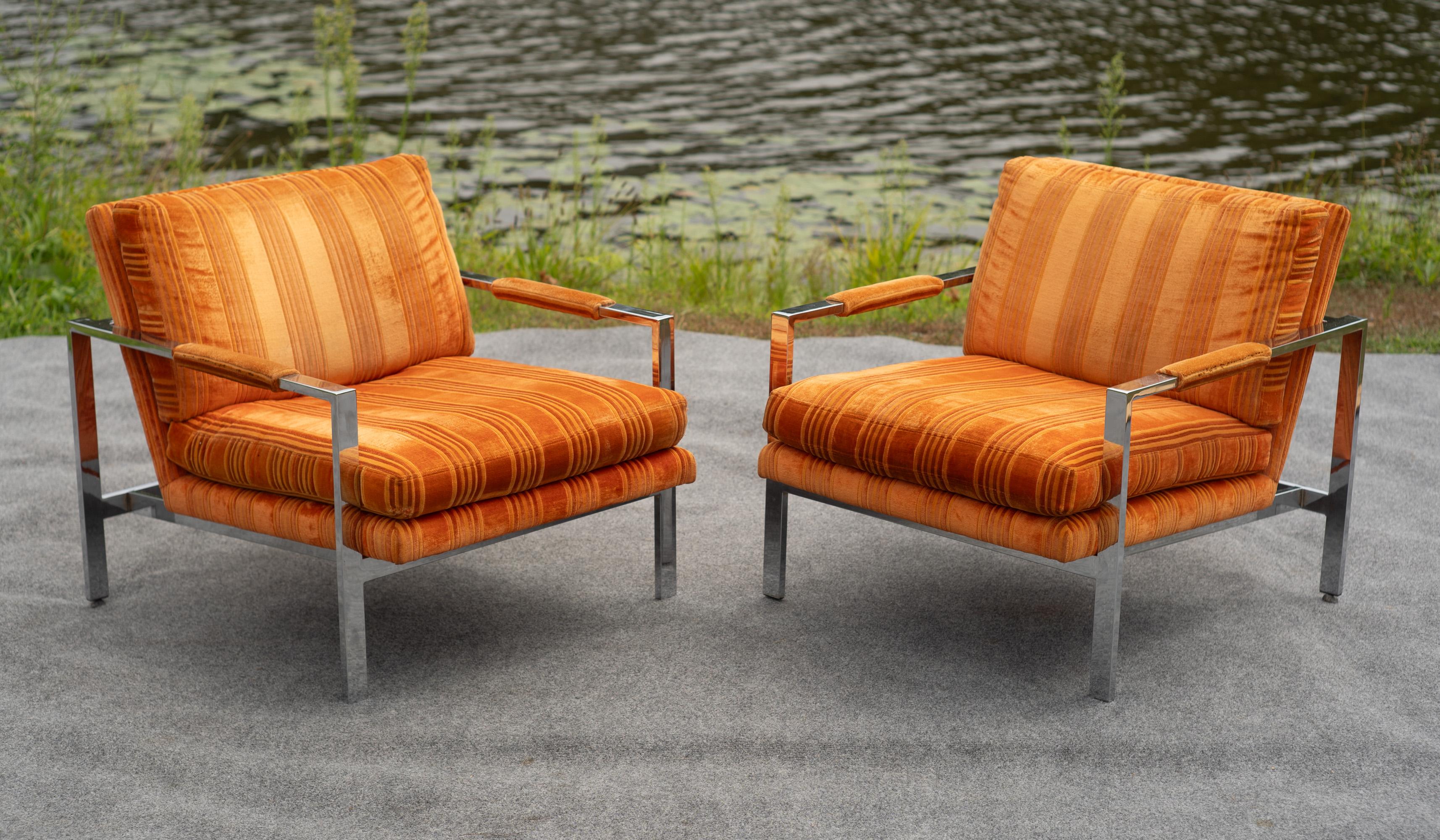 Pair of Milo Baughman for Thayer Coggin Chrome Steel Flat Bar Lounge Club Chairs For Sale 5