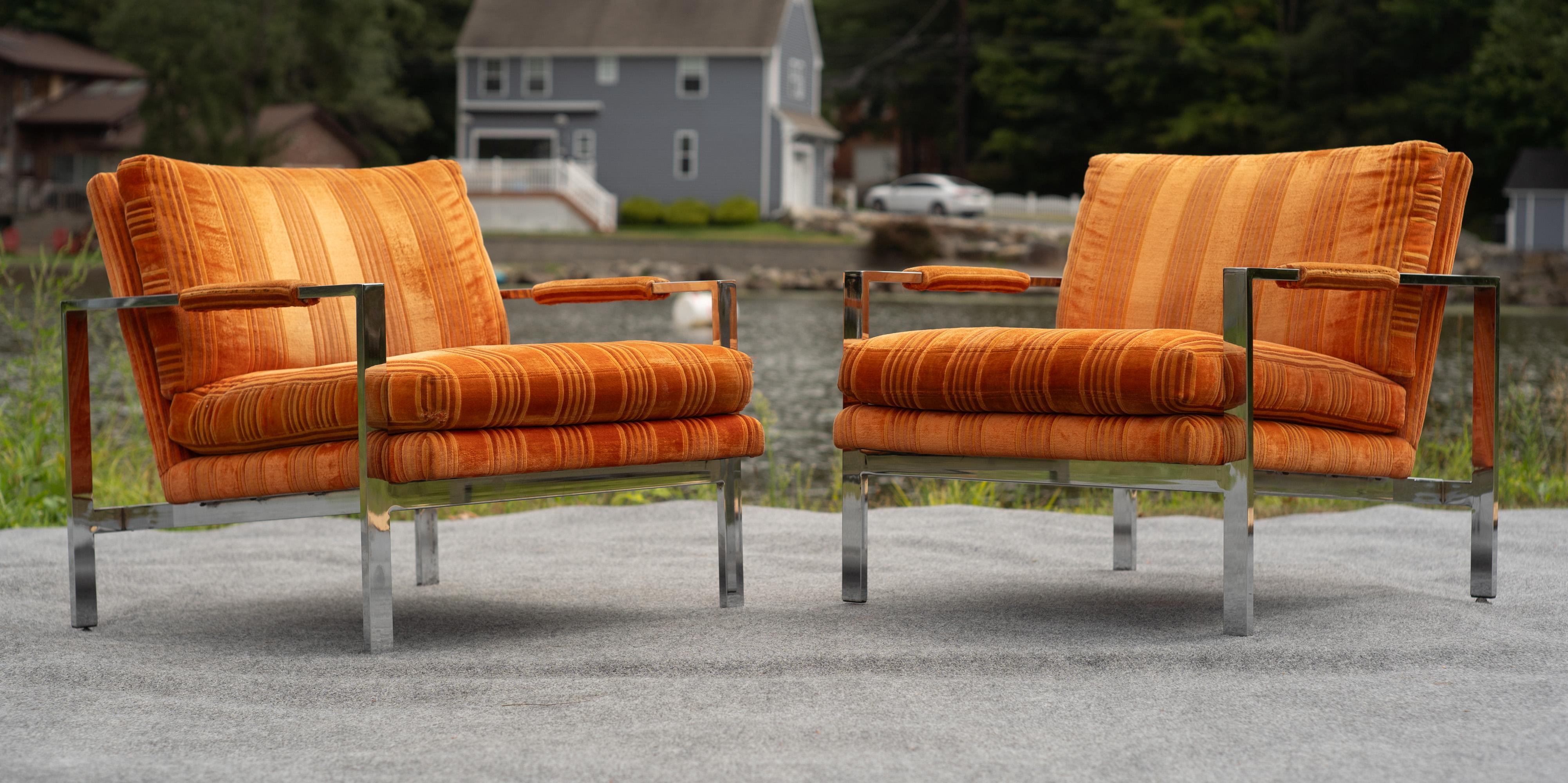 Pair of Milo Baughman for Thayer Coggin Chrome Steel Flat Bar Lounge Club Chairs For Sale 6