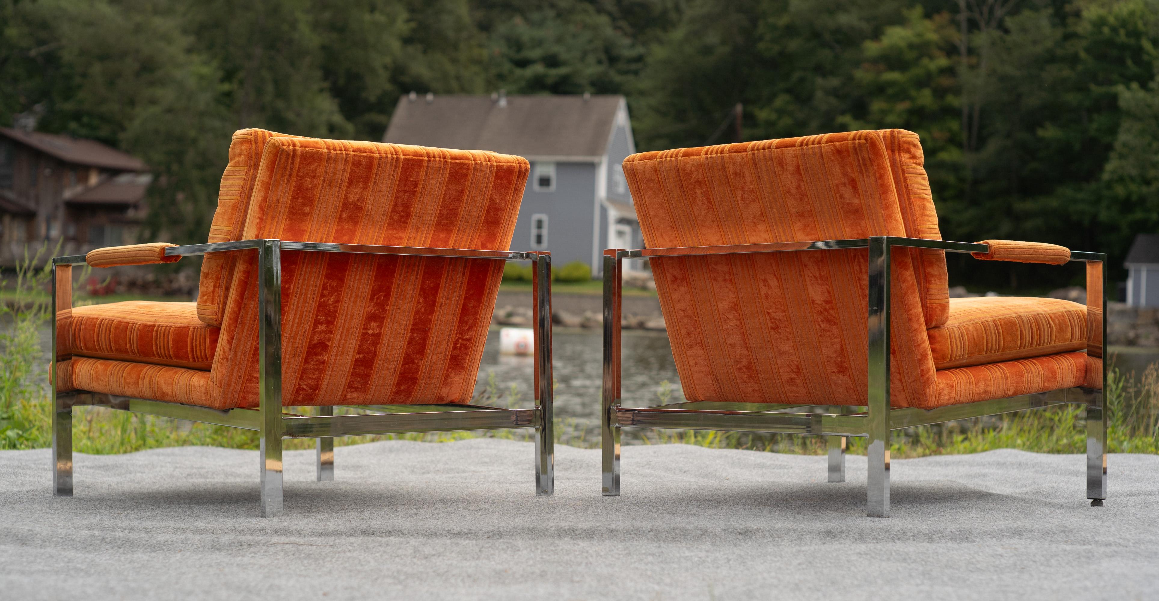 Pair of Milo Baughman for Thayer Coggin Chrome Steel Flat Bar Lounge Club Chairs For Sale 7
