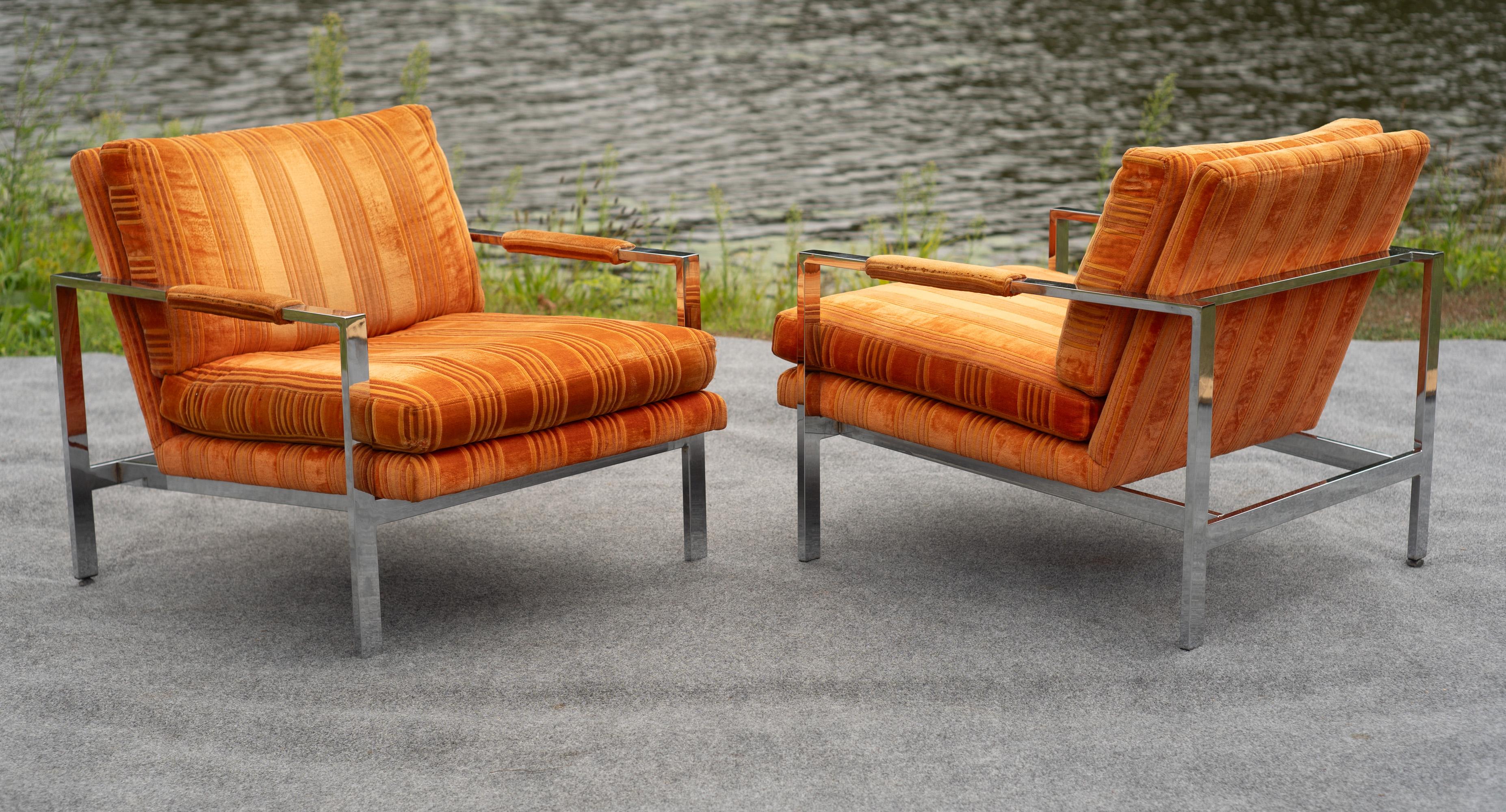 Pair of Milo Baughman for Thayer Coggin Chrome Steel Flat Bar Lounge Club Chairs For Sale 8