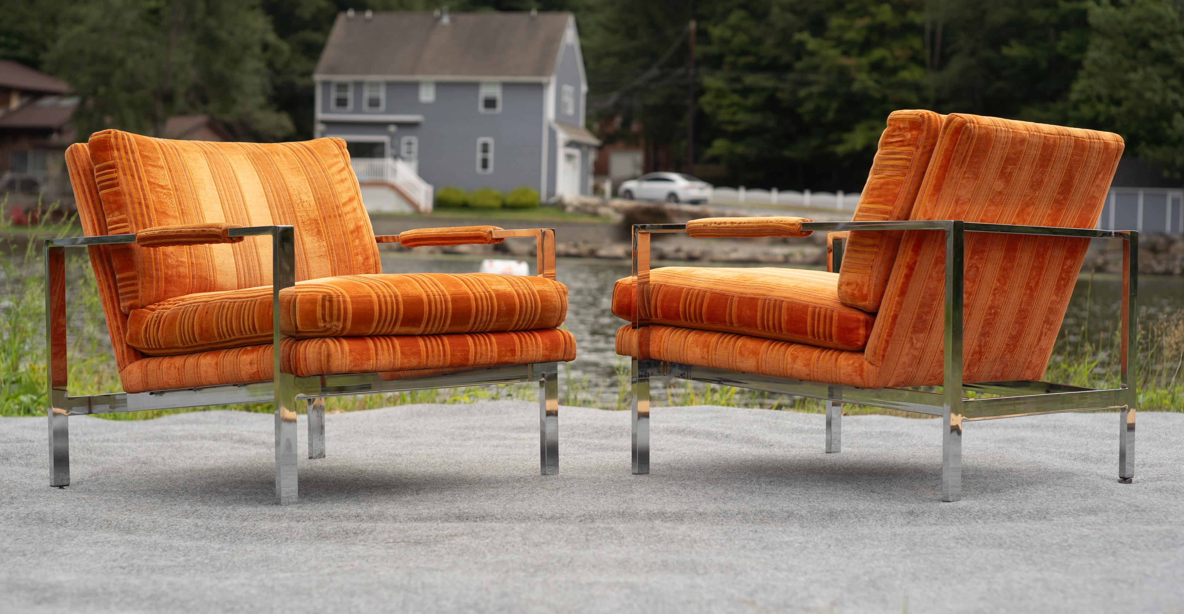 Pair of Milo Baughman for Thayer Coggin Chrome Steel Flat Bar Lounge Club Chairs For Sale 9