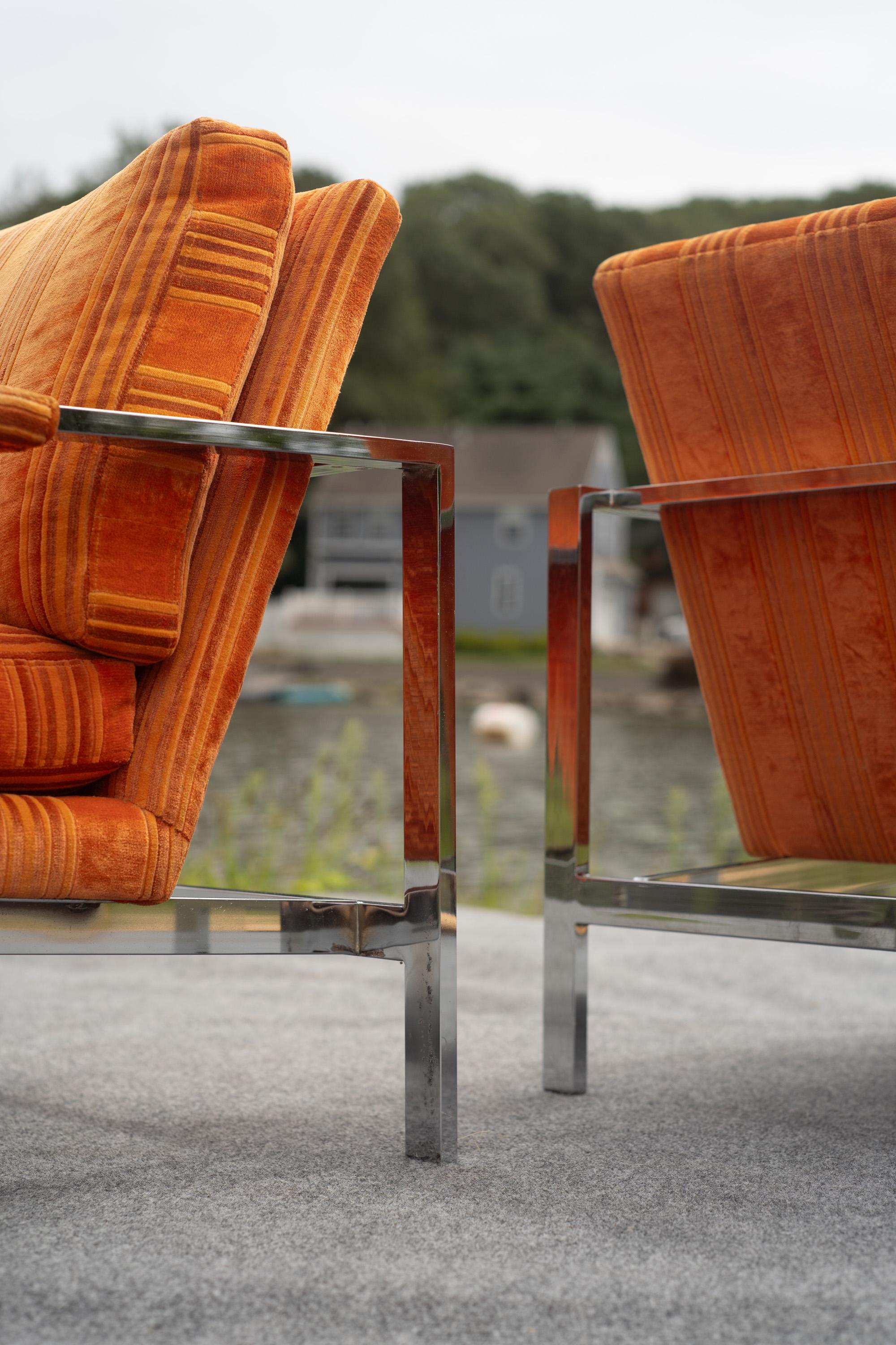 Pair of Milo Baughman for Thayer Coggin Chrome Steel Flat Bar Lounge Club Chairs For Sale 11