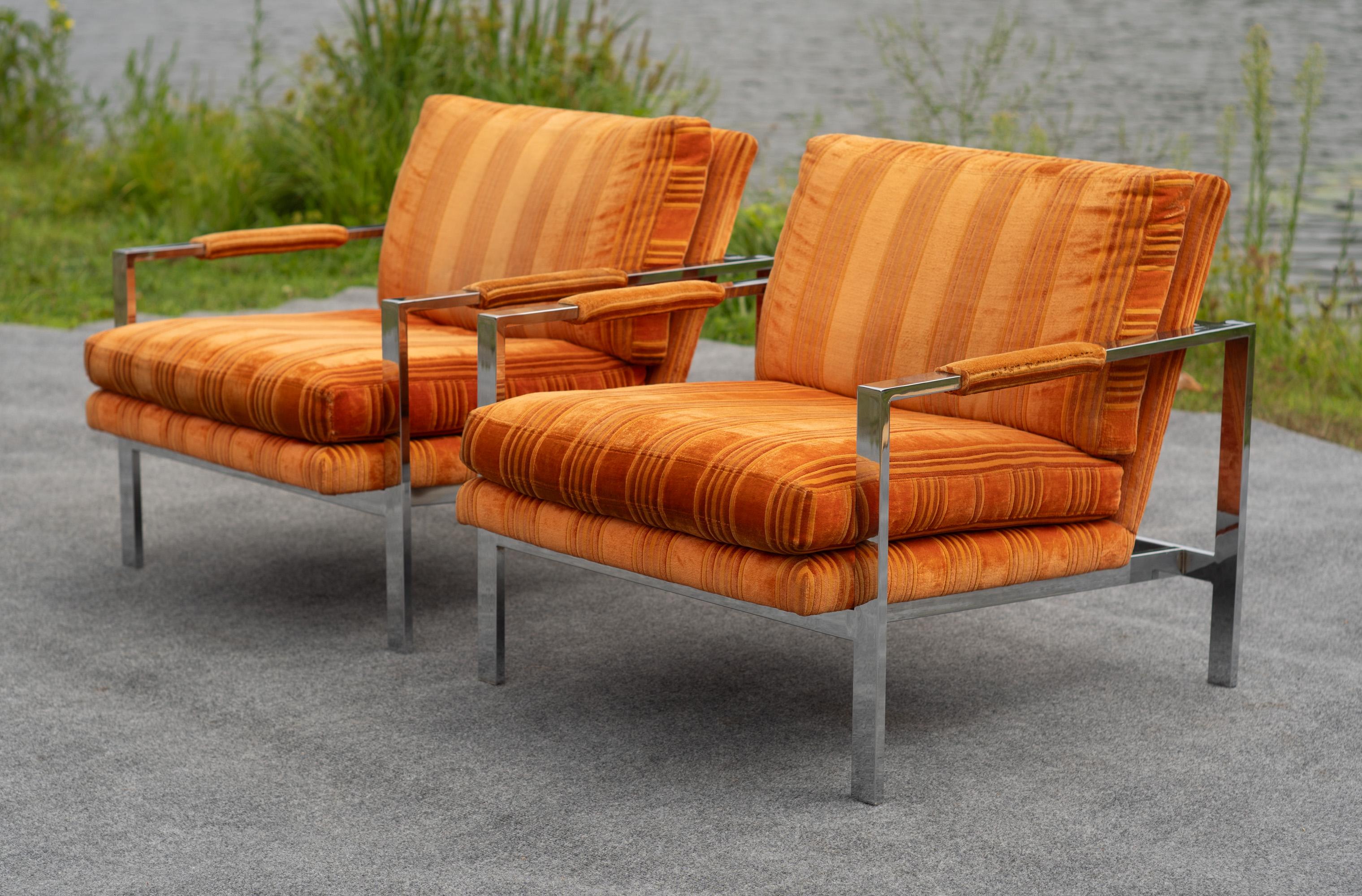 Mid-Century Modern Pair of Milo Baughman for Thayer Coggin Chrome Steel Flat Bar Lounge Club Chairs For Sale