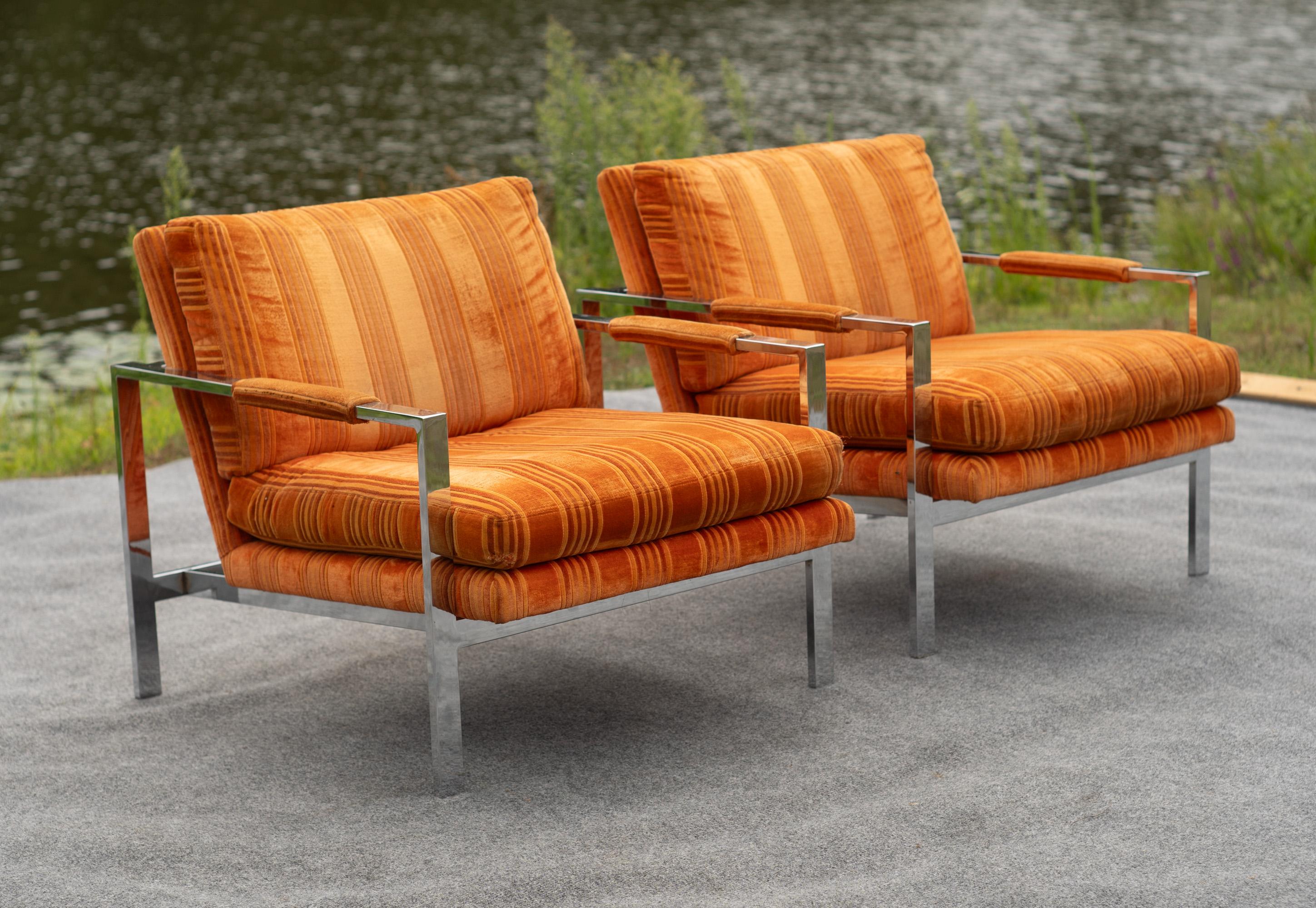 American Pair of Milo Baughman for Thayer Coggin Chrome Steel Flat Bar Lounge Club Chairs For Sale