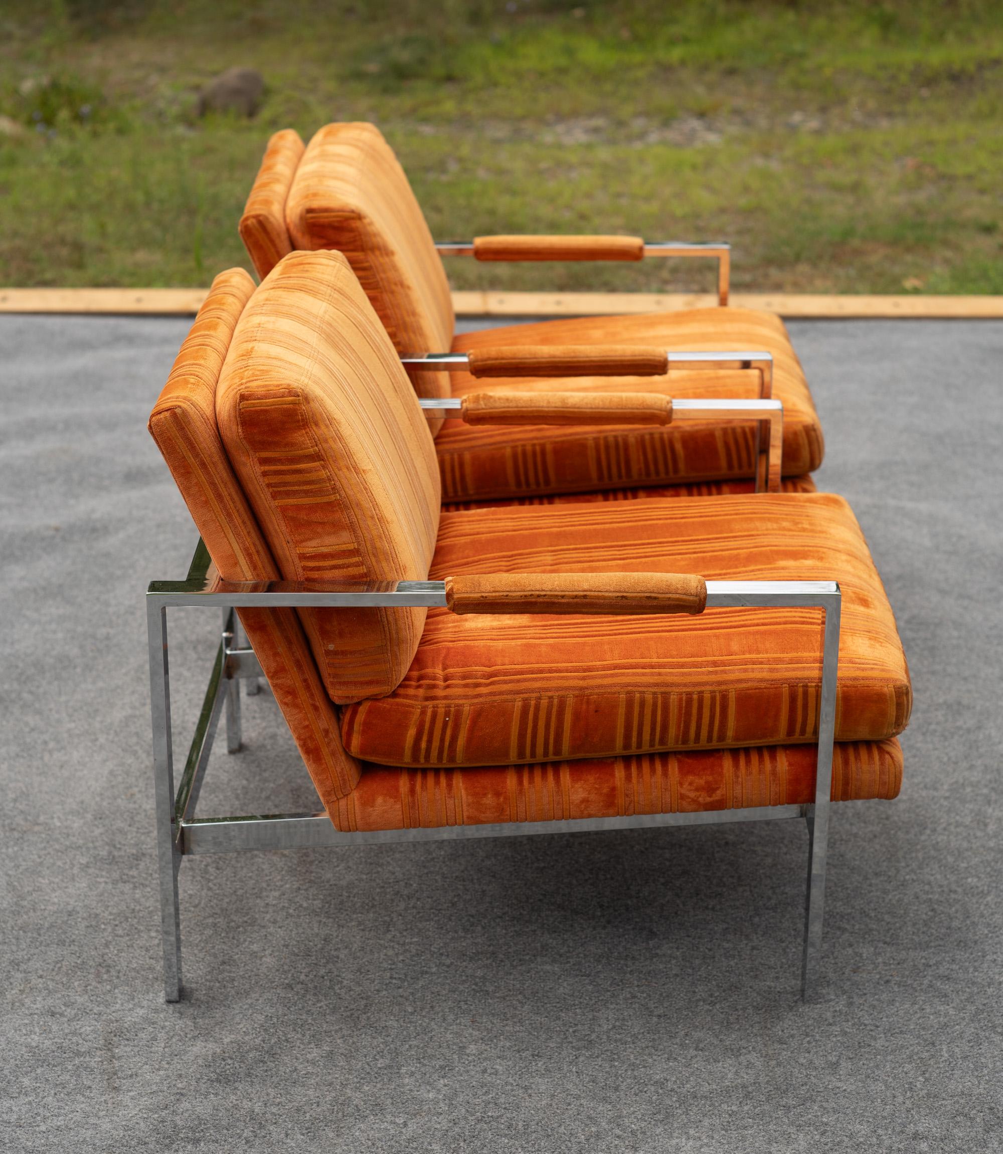 Plated Pair of Milo Baughman for Thayer Coggin Chrome Steel Flat Bar Lounge Club Chairs For Sale