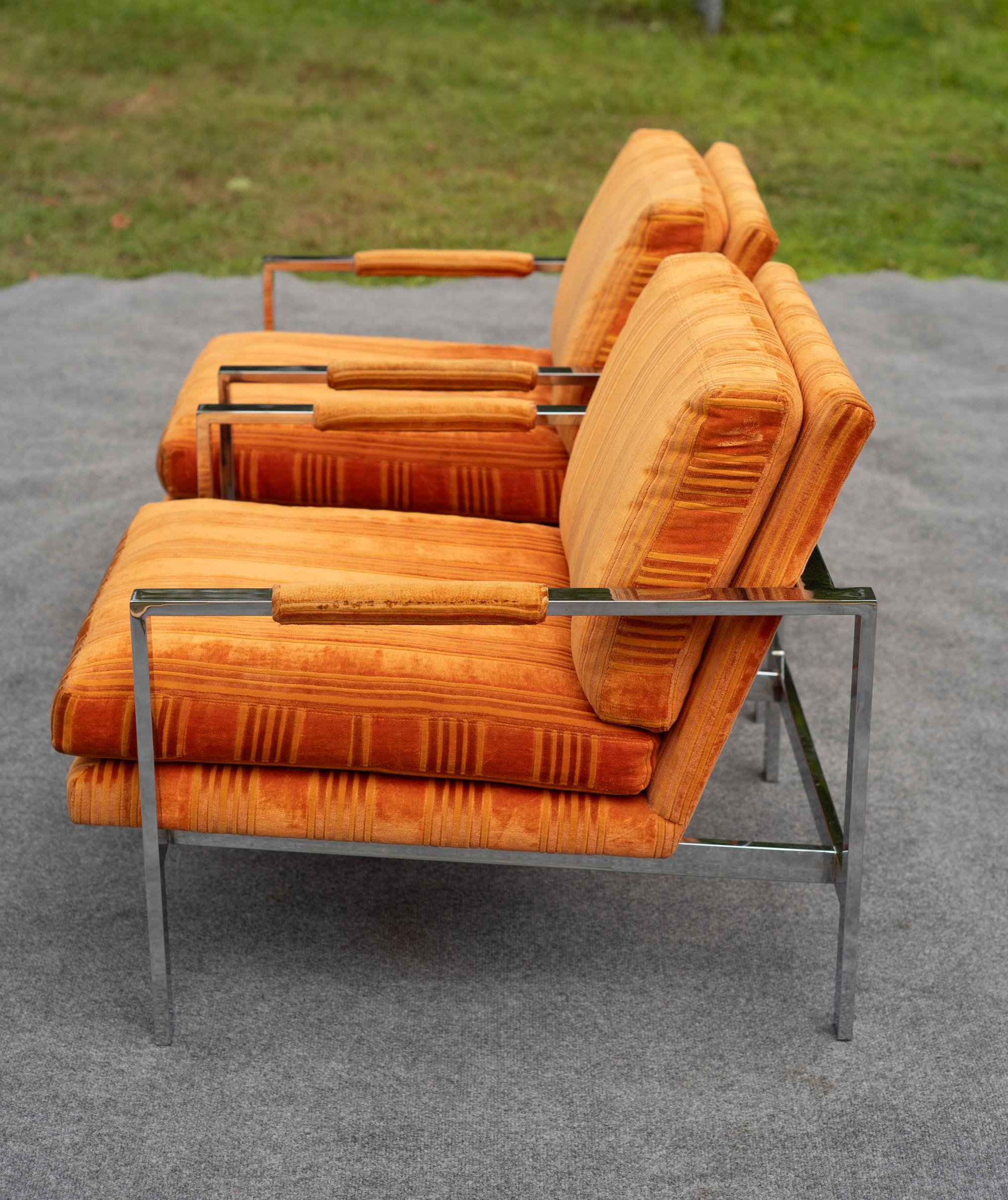 Pair of Milo Baughman for Thayer Coggin Chrome Steel Flat Bar Lounge Club Chairs In Good Condition For Sale In Philadelphia, PA
