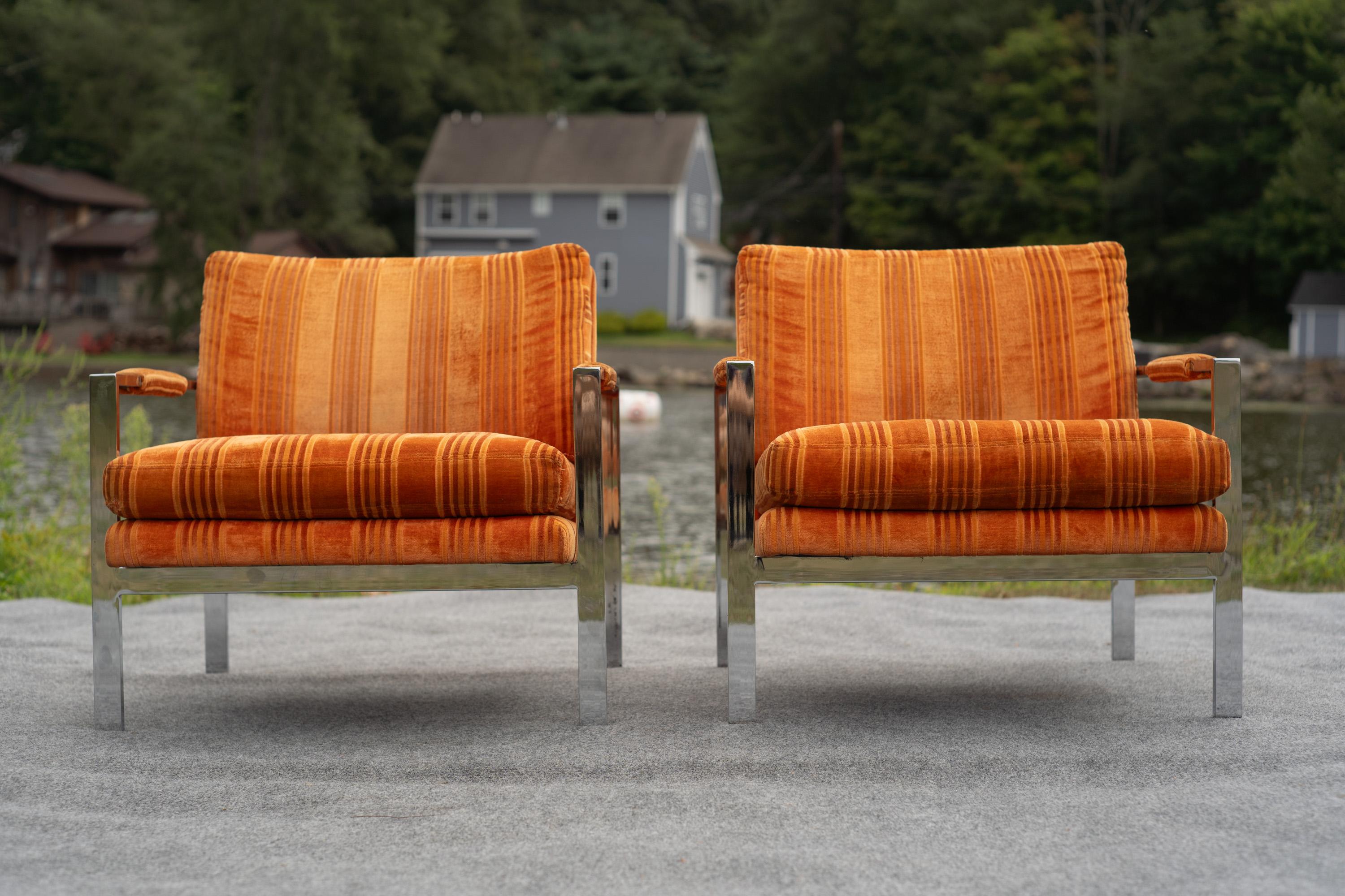 Late 20th Century Pair of Milo Baughman for Thayer Coggin Chrome Steel Flat Bar Lounge Club Chairs For Sale