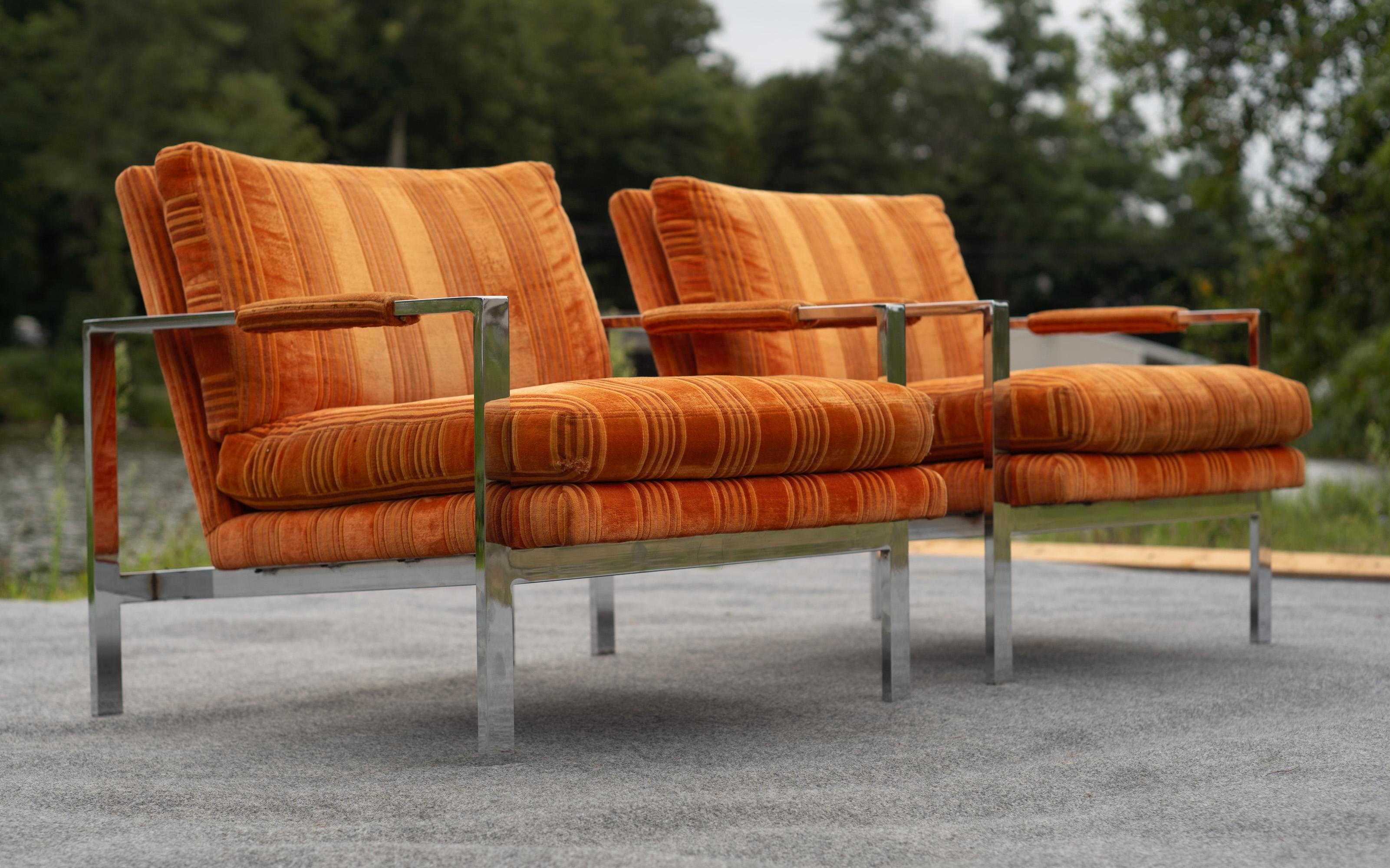 Pair of Milo Baughman for Thayer Coggin Chrome Steel Flat Bar Lounge Club Chairs For Sale 1