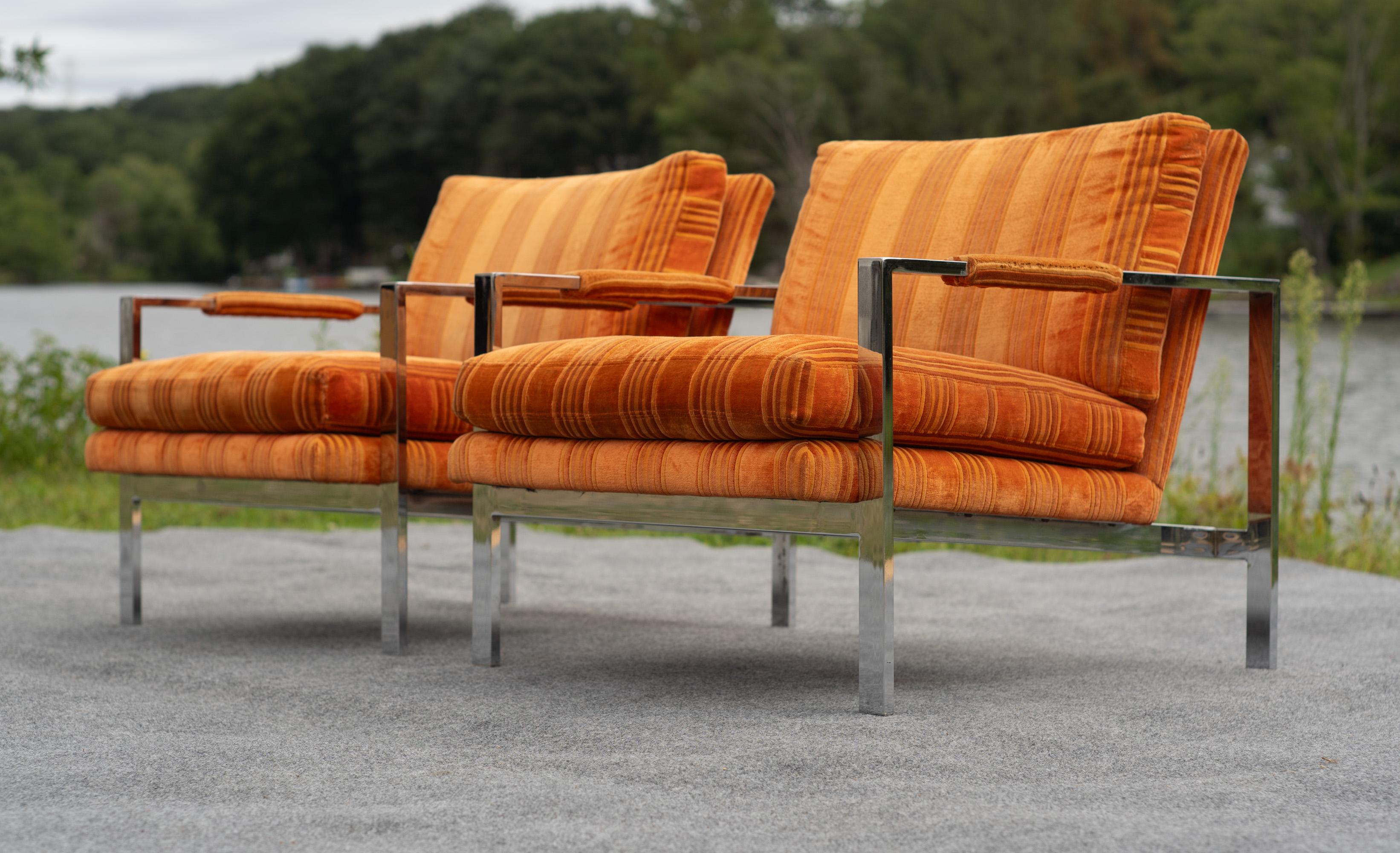 Pair of Milo Baughman for Thayer Coggin Chrome Steel Flat Bar Lounge Club Chairs For Sale 2
