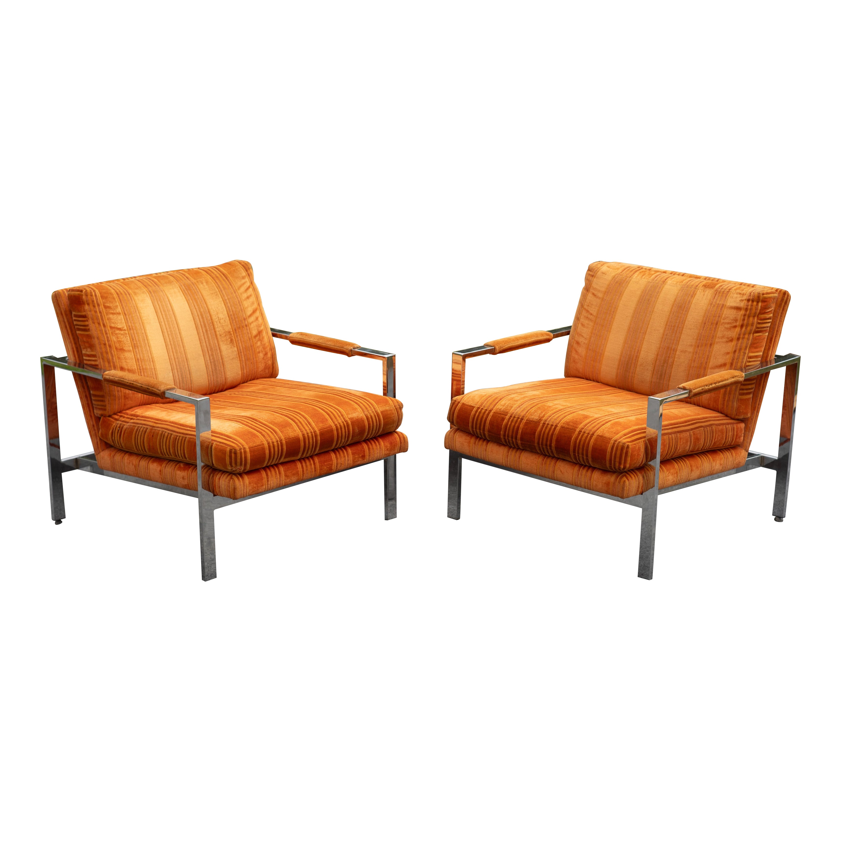 Pair of Milo Baughman for Thayer Coggin Chrome Steel Flat Bar Lounge Club Chairs For Sale