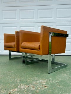 Pair of Milo Baughman for Thayer Coggin Cube Chairs in Chrome and Leather