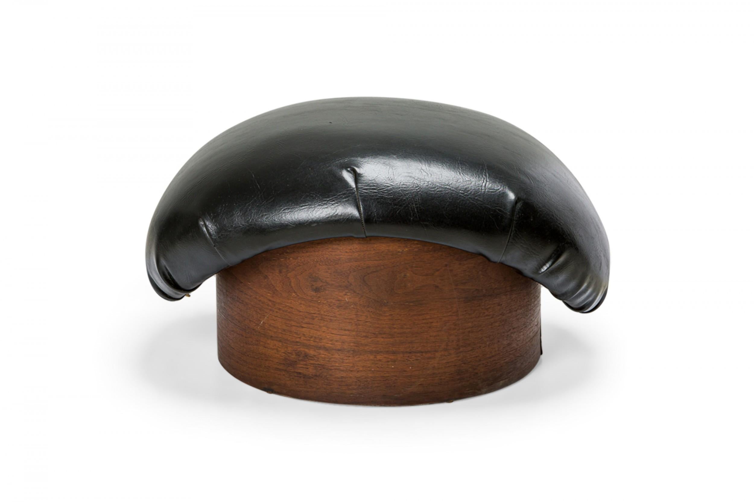 American Pair of Milo Baughman for Thayer Coggin Curved Black Leather and Wood Ottomans For Sale