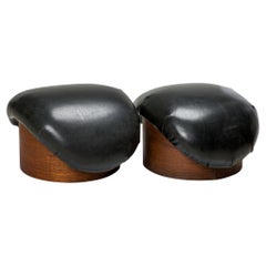 Pair of Milo Baughman for Thayer Coggin Curved Black Leather and Wood Ottomans