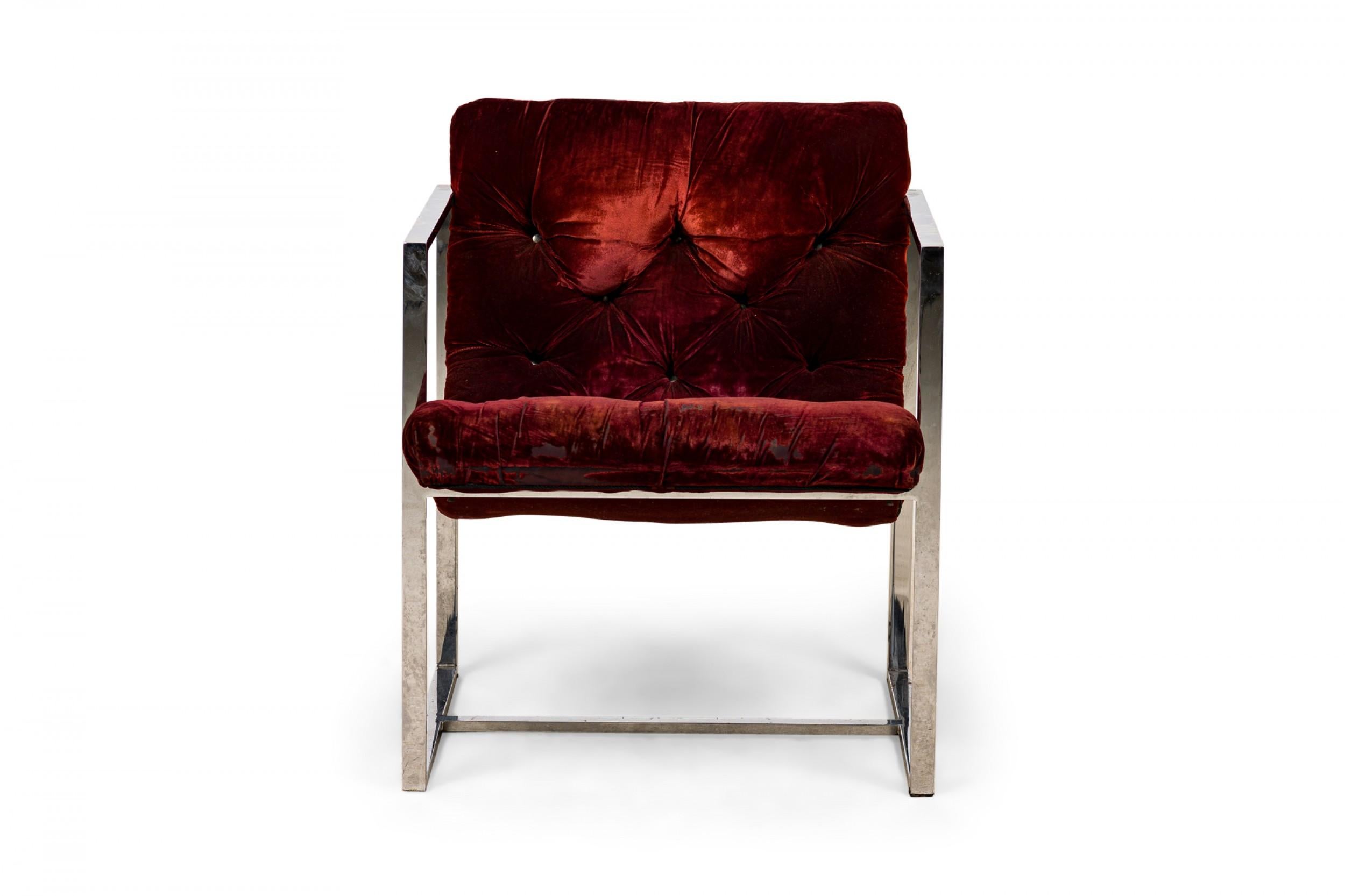PAIR of American Mid-Century Thayer Coggin scoop-form armchairs with dark crimson crushed velvet button tufted upholstery and think square tube chrome frames.