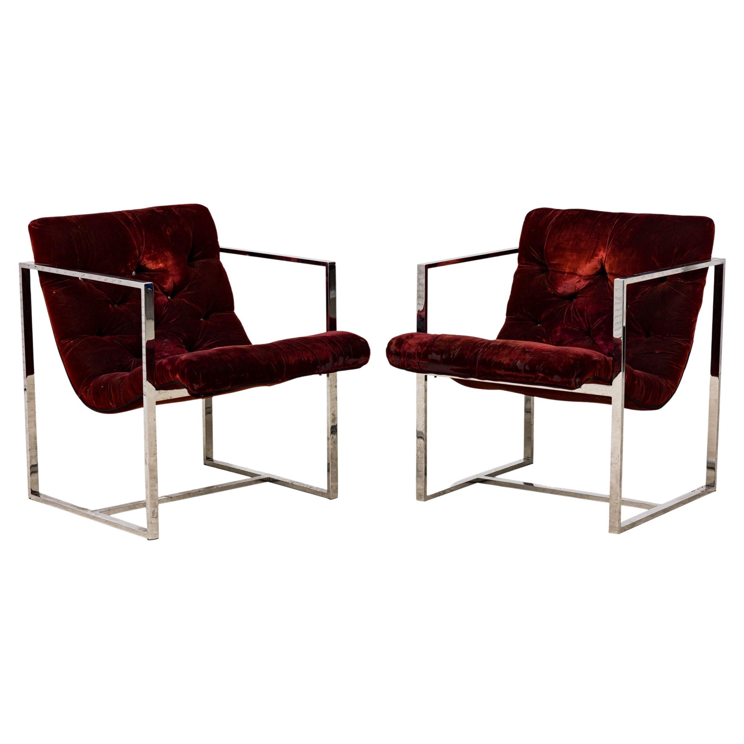 Pair of Milo Baughman for Thayer Coggin Dark Crimson Scoop Lounge / Armchairs