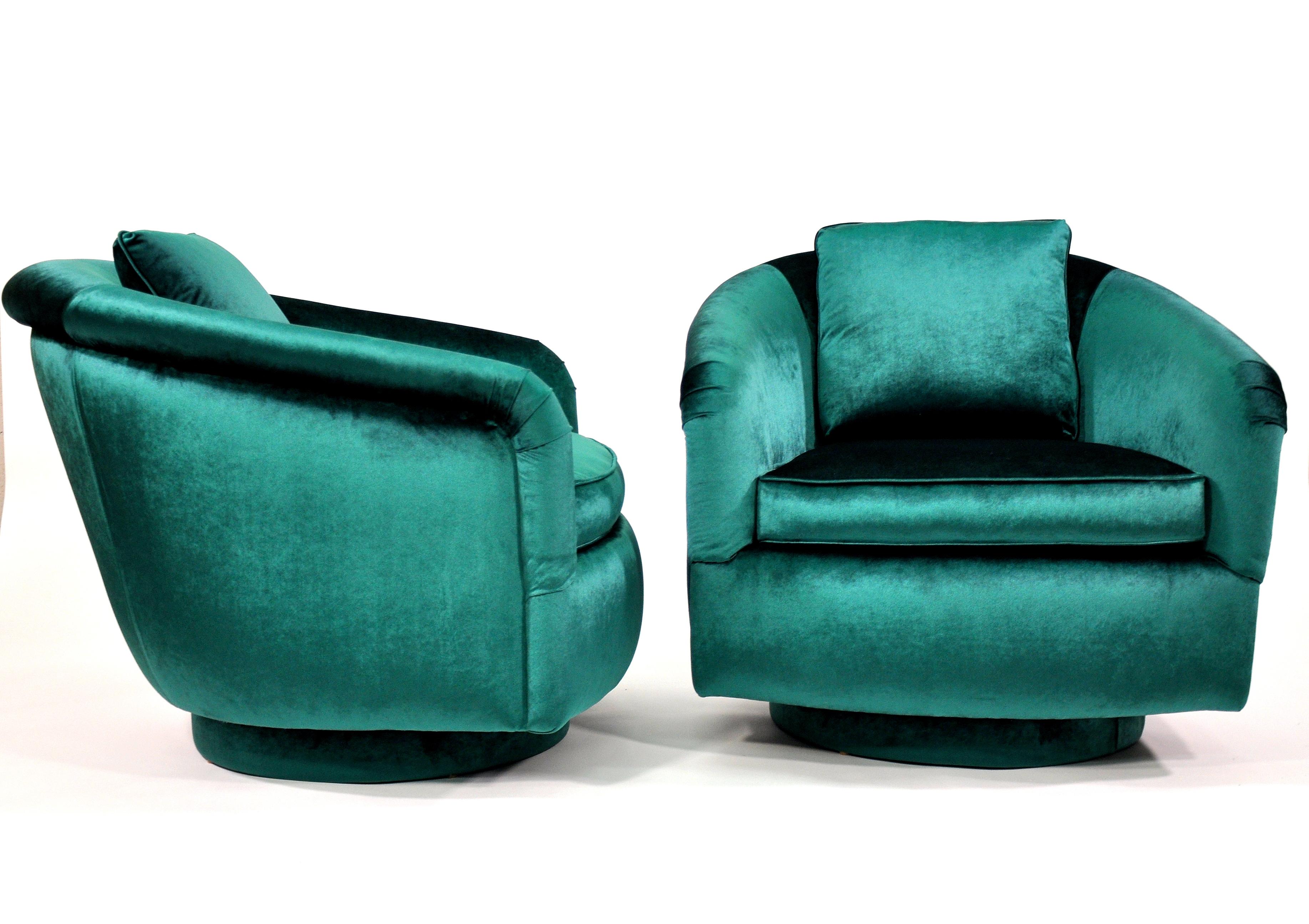 American Pair of Milo Baughman for Thayer Coggin Green Velvet Swivel Lounge Chairs