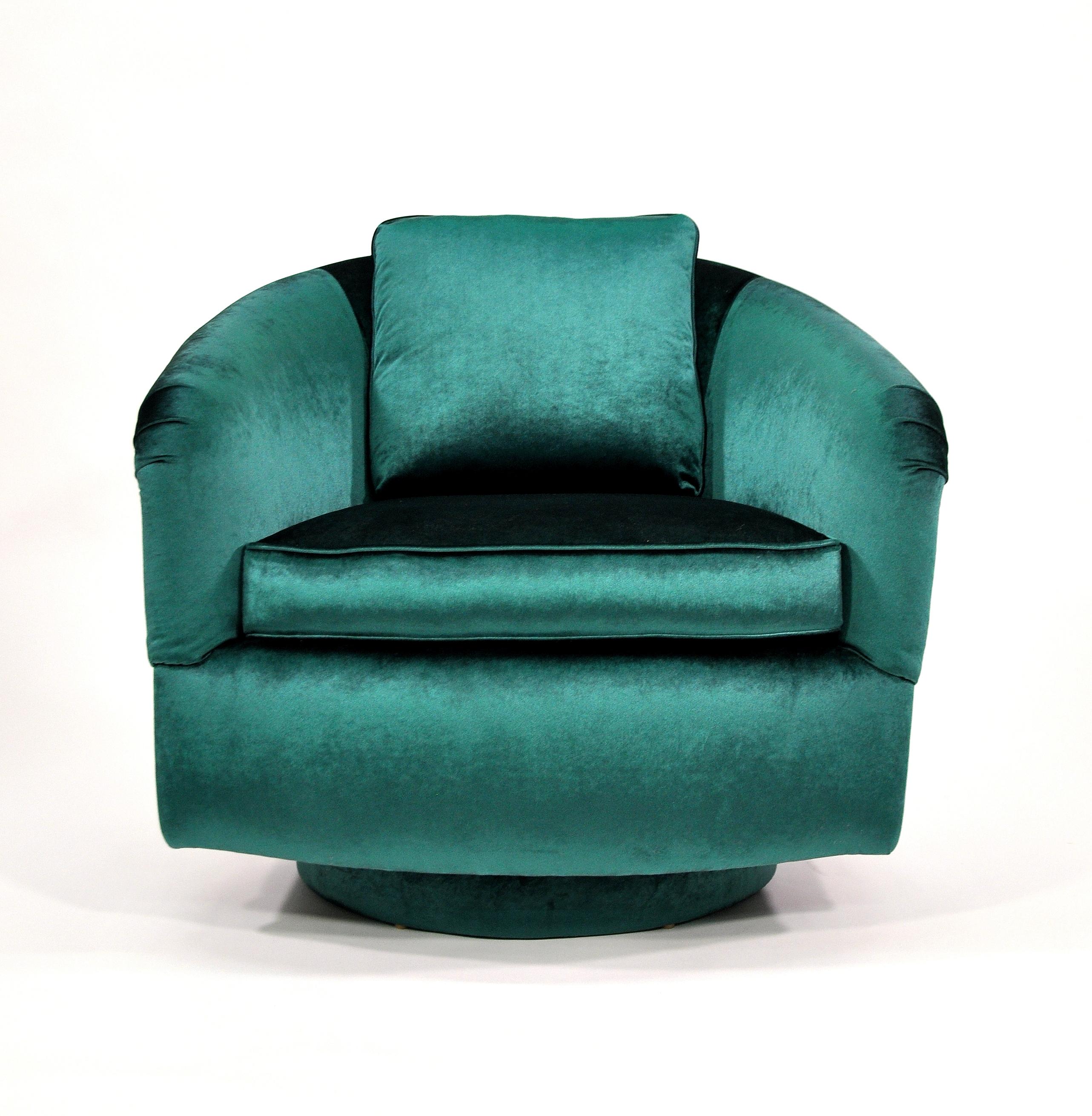 Late 20th Century Pair of Milo Baughman for Thayer Coggin Green Velvet Swivel Lounge Chairs