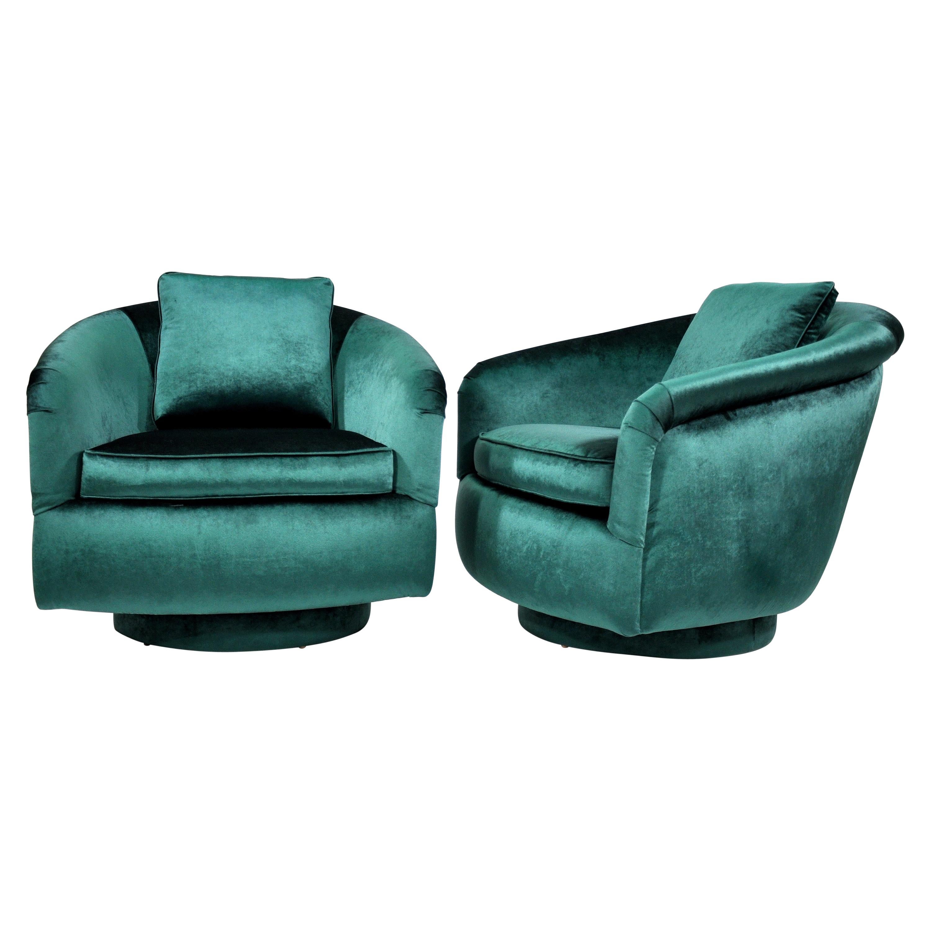 Pair of Milo Baughman for Thayer Coggin Green Velvet Swivel Lounge Chairs