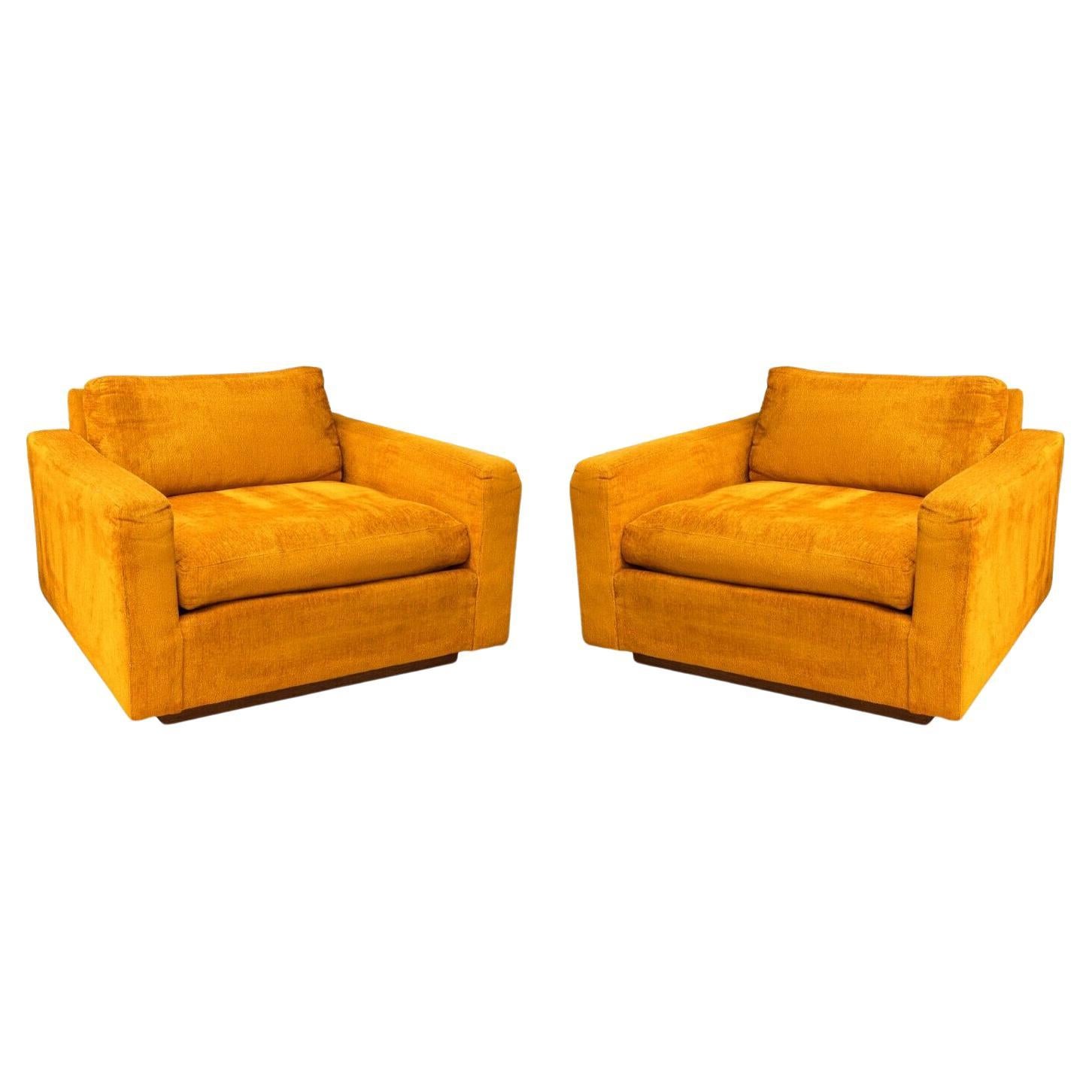 Pair of Milo Baughman for Thayer Coggin Orange Cube Lounge Chairs on Wood Base