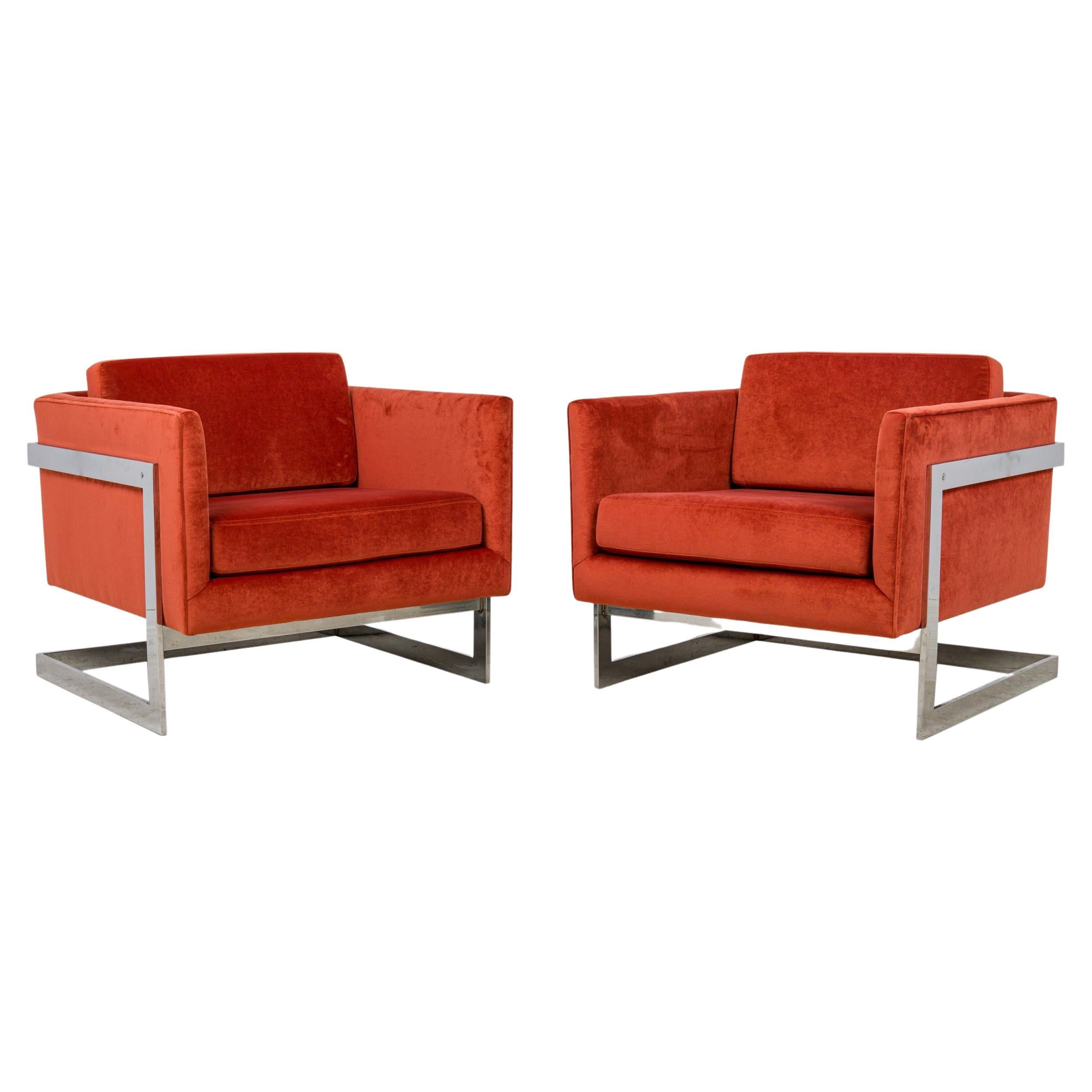 Pair of Milo Baughman for Thayer Coggin Orange Floating Cube Lounge / Armchairs